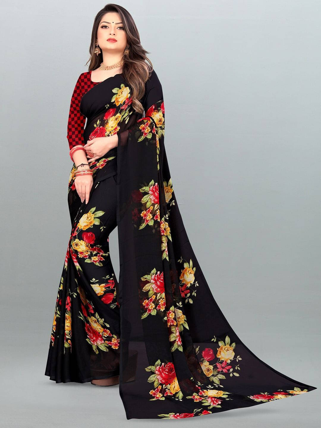 ANAND SAREES Georgette Printed Saree With Unstitched Blouse Piece ( Black ) ANAND SAREES Georgette Printed Saree With Unstitched Blouse Piece ( Black )