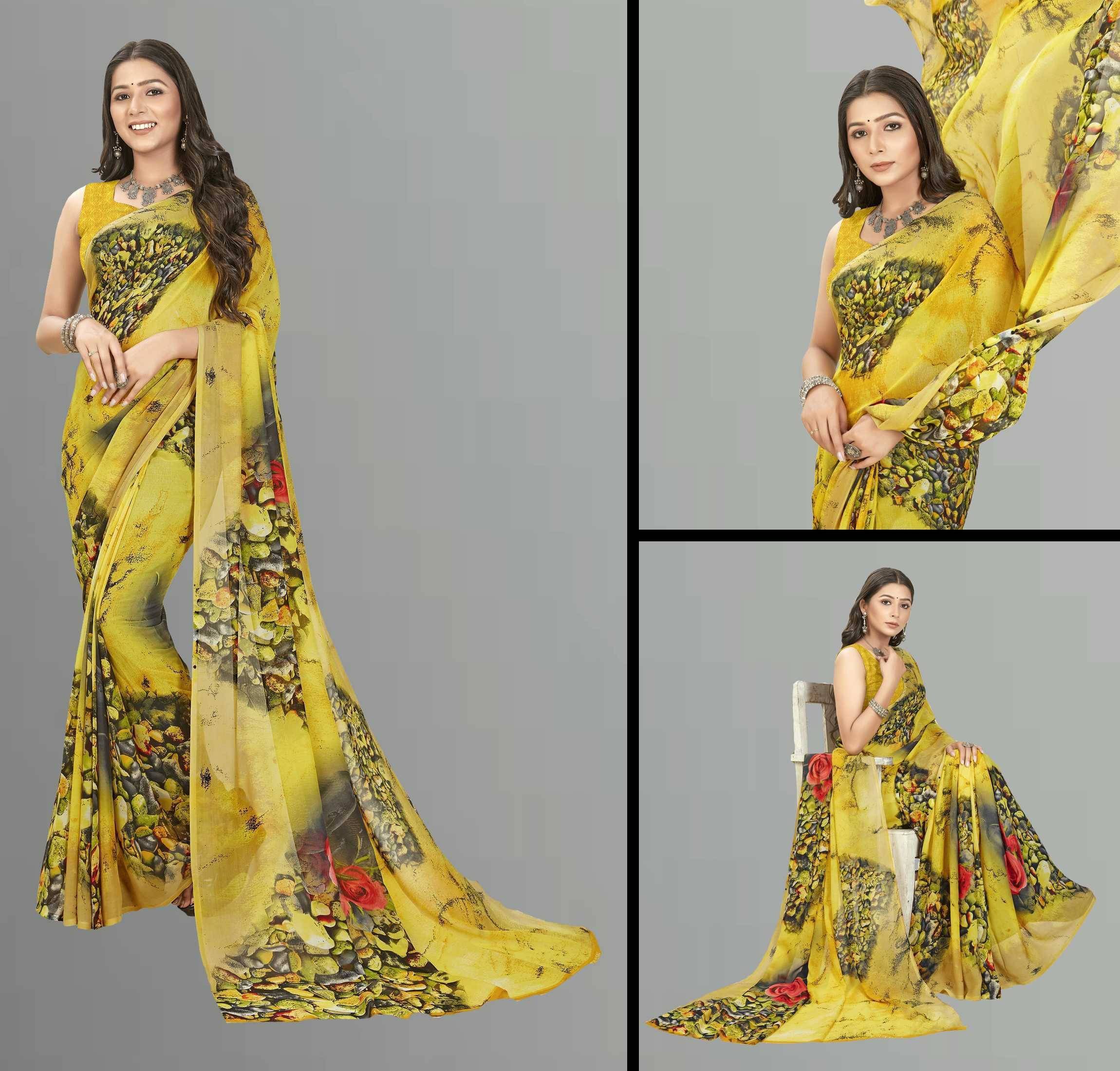     			ANAND SAREES Georgette Printed Saree With Unstitched Blouse Piece ( Yellow )