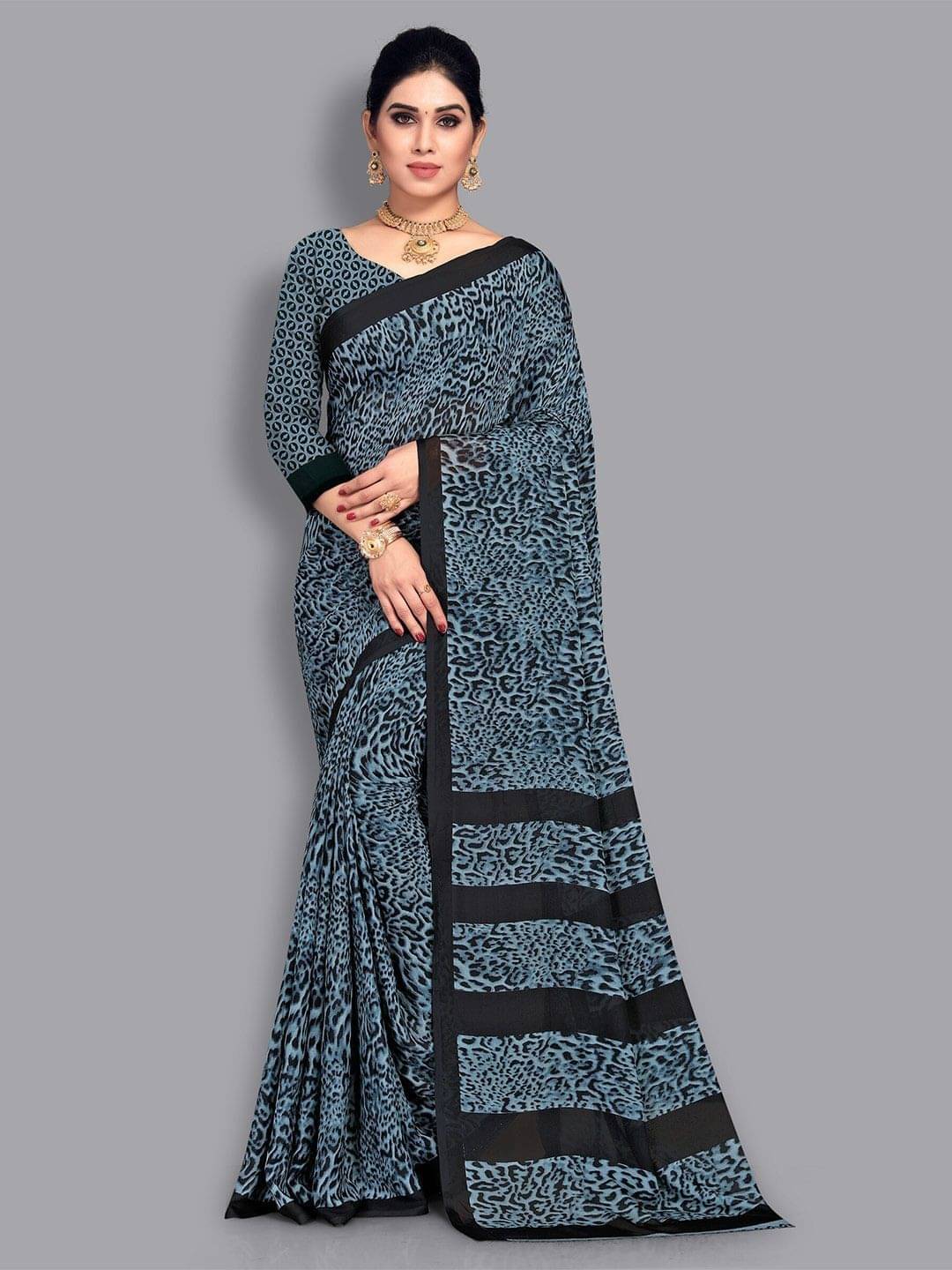 ANAND SAREES Georgette Printed Saree With Unstitched Blouse Piece ( Blue ) ANAND SAREES Georgette Printed Saree With Unstitched Blouse Piece ( Blue )