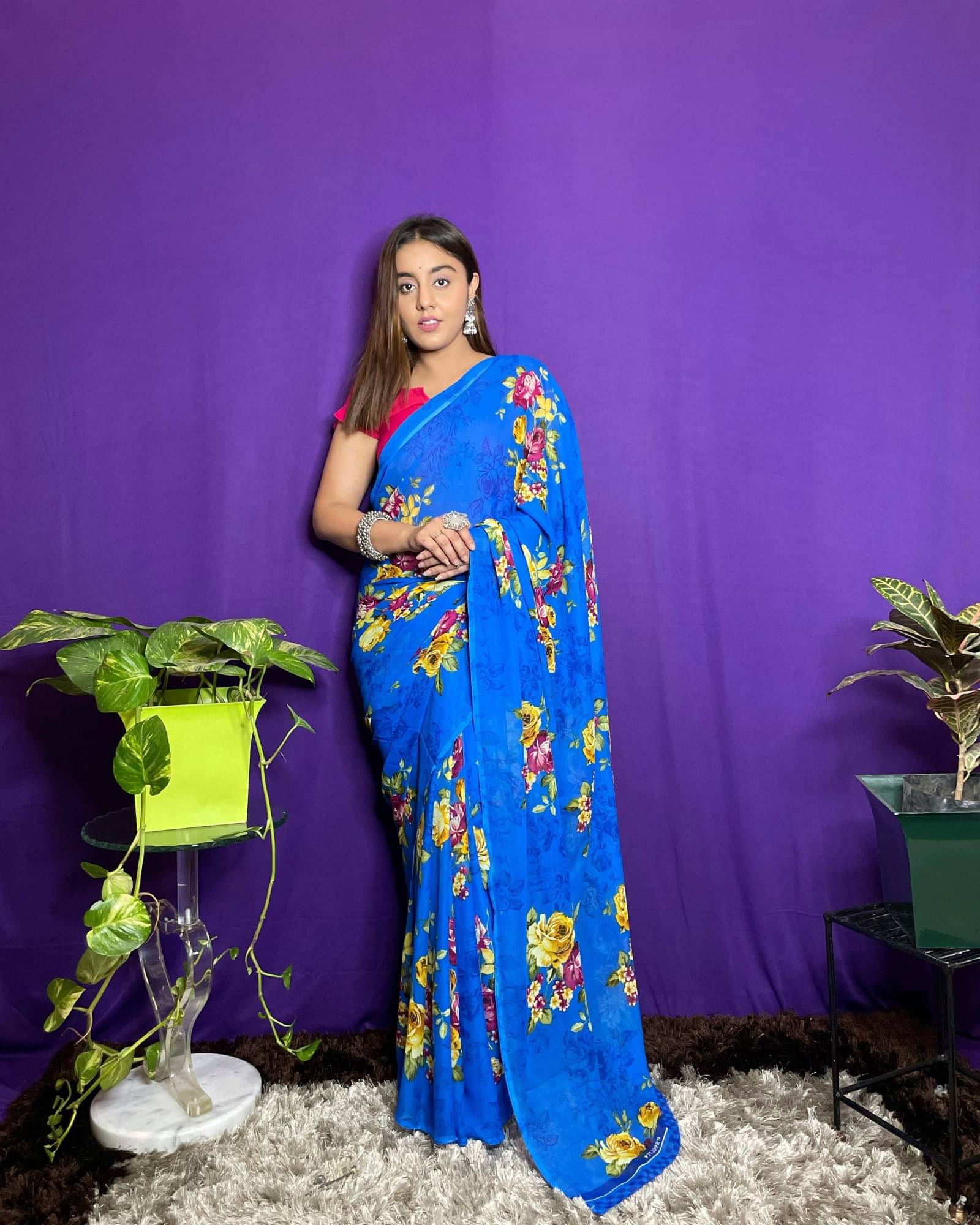 ANAND SAREES Georgette Printed Saree With Unstitched Blouse Piece ( Blue ) ANAND SAREES Georgette Printed Saree With Unstitched Blouse Piece ( Blue )