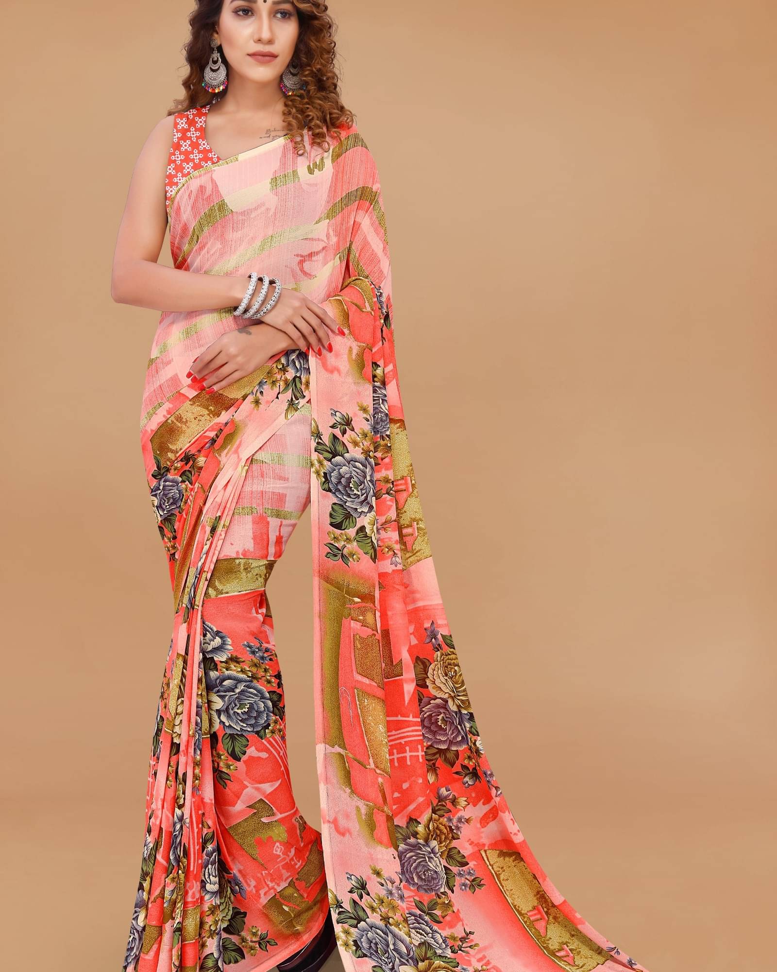     			ANAND SAREES Georgette Printed Saree With Unstitched Blouse Piece ( Orange )