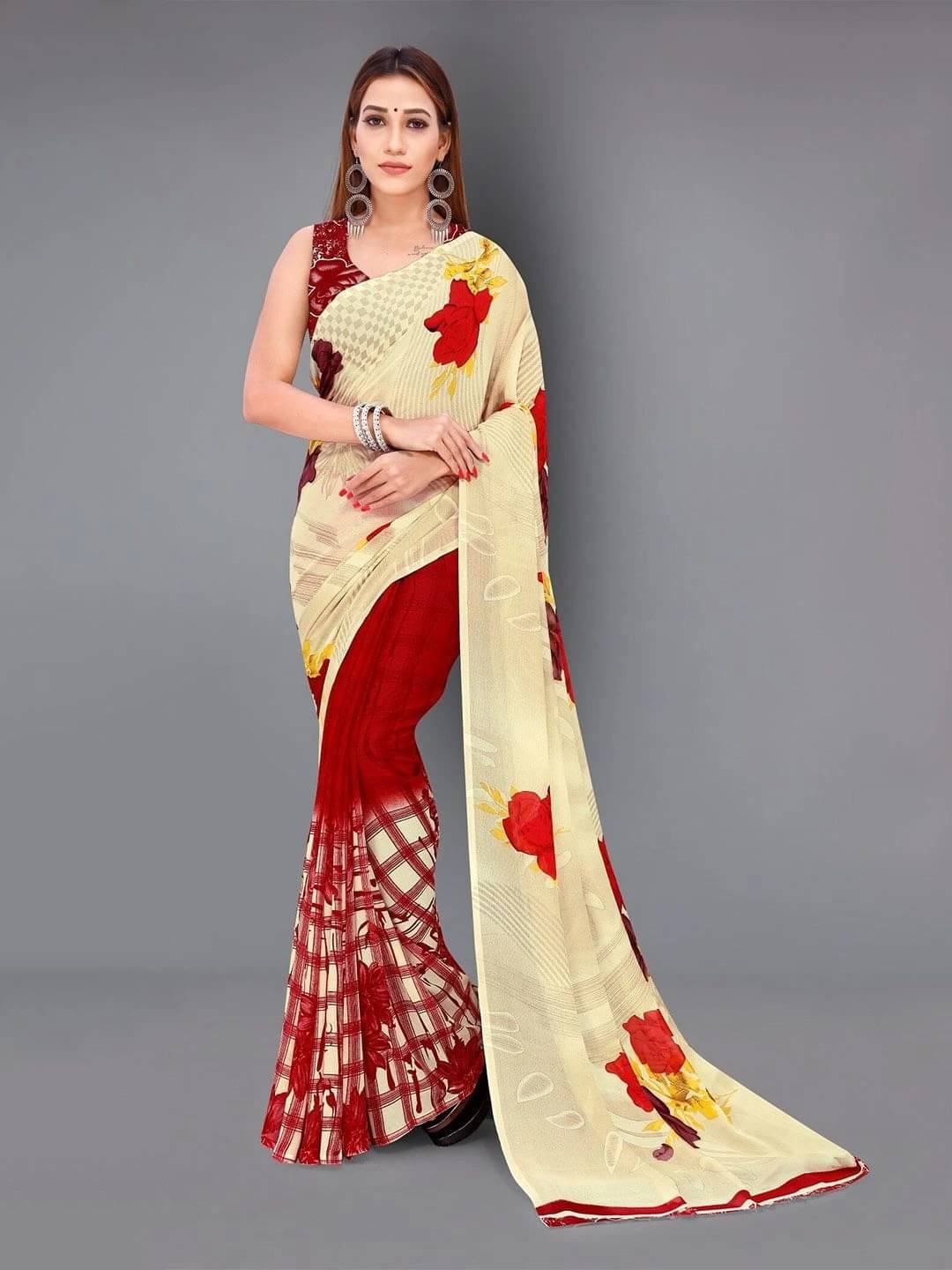 ANAND SAREES Georgette Printed Saree With Unstitched Blouse Piece ( Red ) ANAND SAREES Georgette Printed Saree With Unstitched Blouse Piece ( Red )