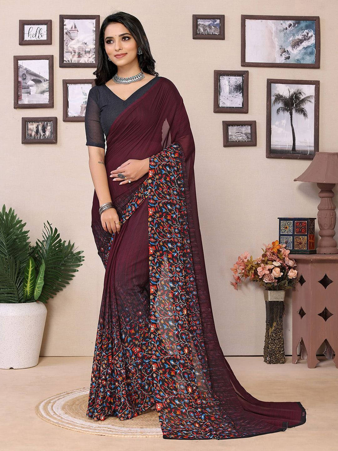 ANAND SAREES Georgette Printed Saree With Unstitched Blouse Piece ( Maroon ) ANAND SAREES Georgette Printed Saree With Unstitched Blouse Piece ( Maroon )