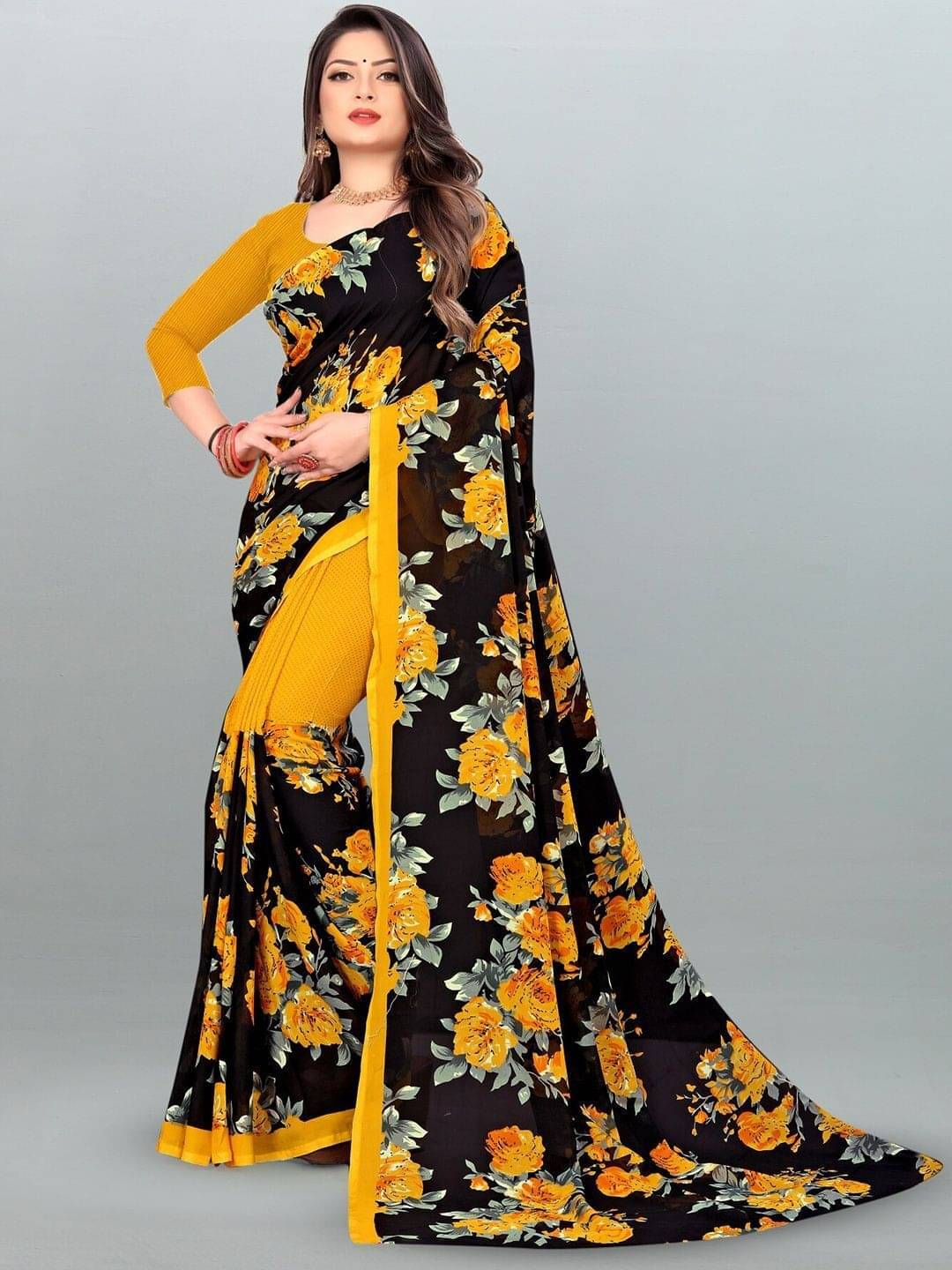 ANAND SAREES Georgette Printed Saree With Unstitched Blouse Piece ( Black ) ANAND SAREES Georgette Printed Saree With Unstitched Blouse Piece ( Black )