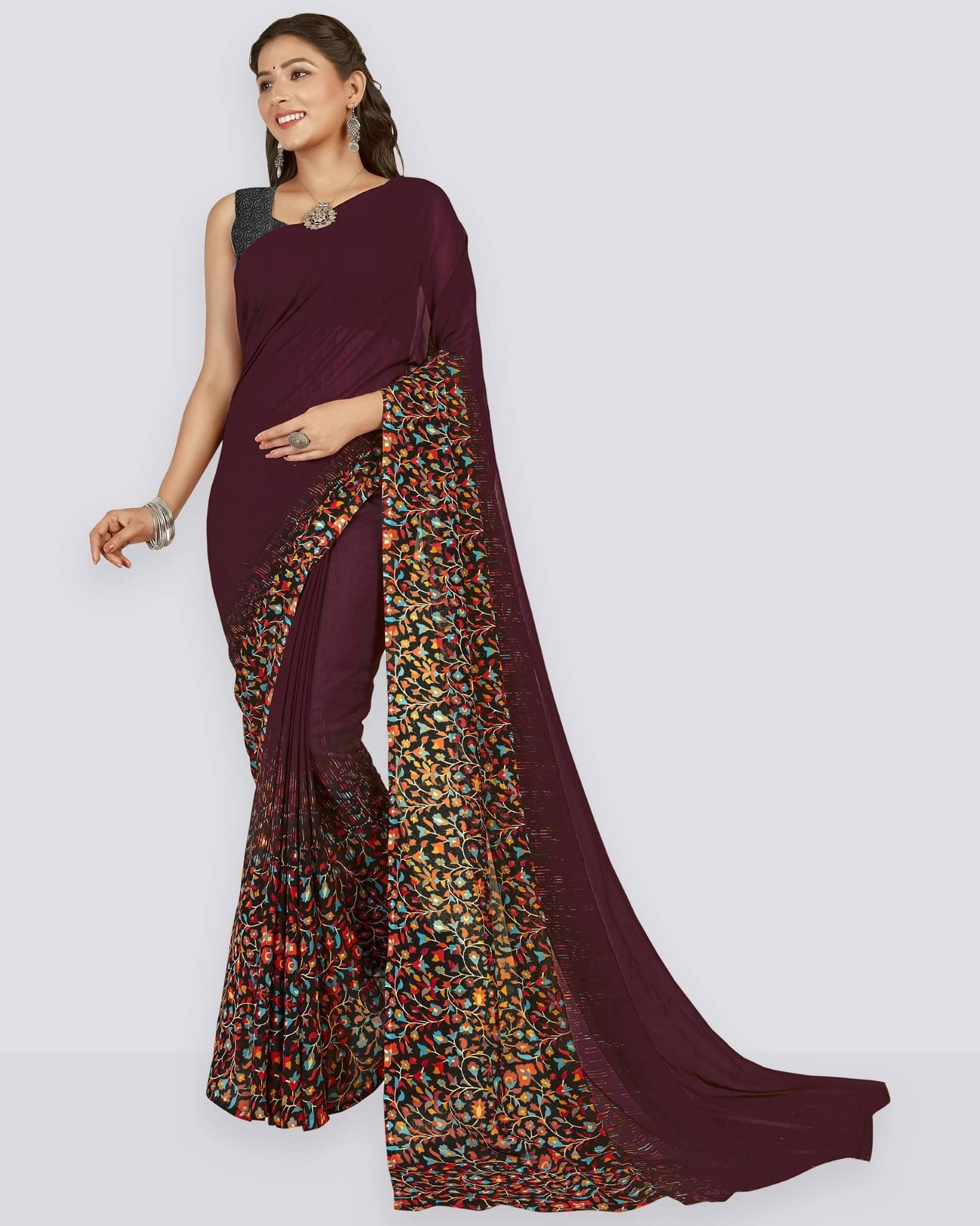    			ANAND SAREES Georgette Printed Saree With Unstitched Blouse Piece ( Maroon )