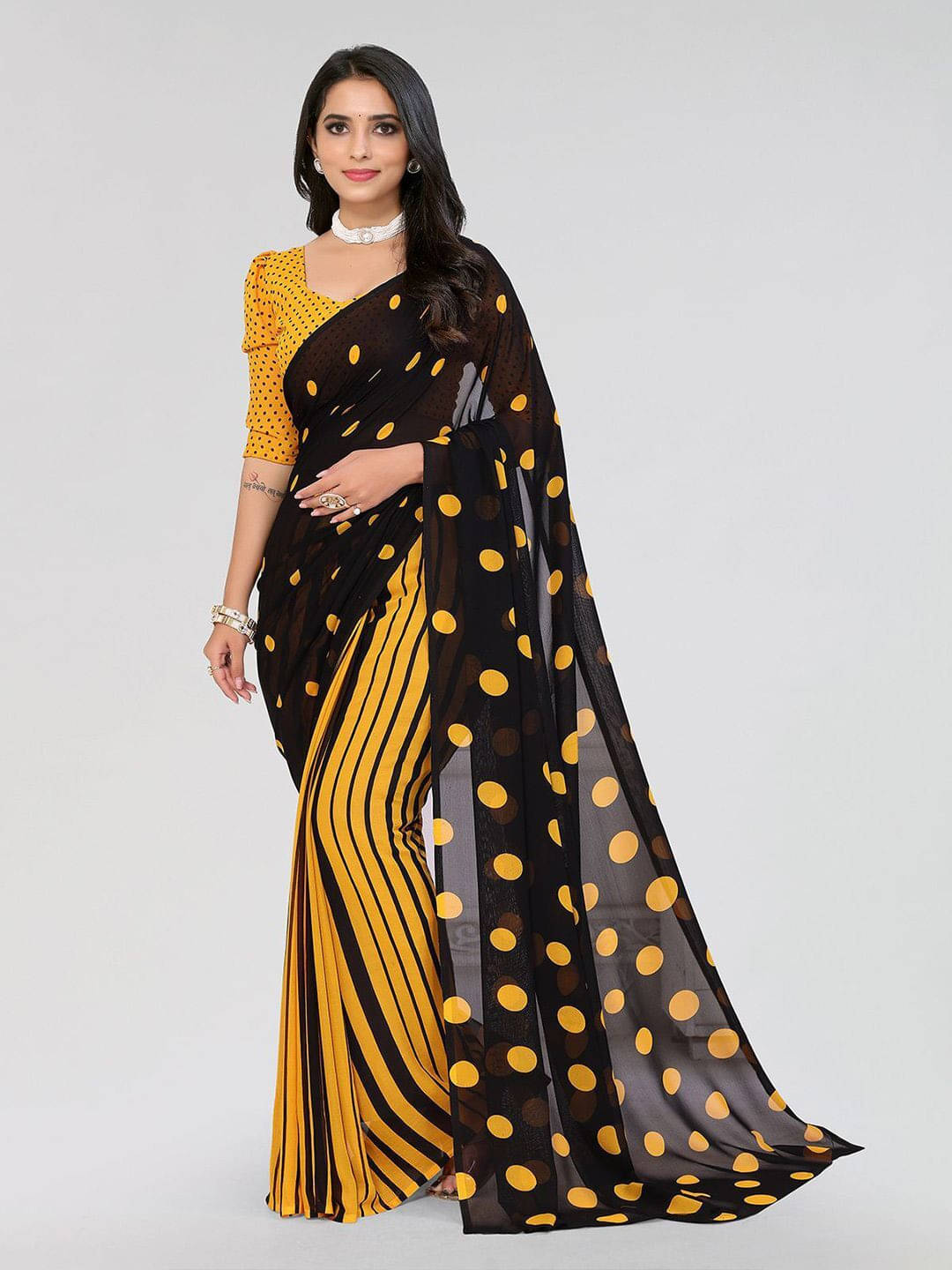 ANAND SAREES Georgette Printed Saree With Unstitched Blouse Piece ( Yellow ) ANAND SAREES Georgette Printed Saree With Unstitched Blouse Piece ( Yellow )
