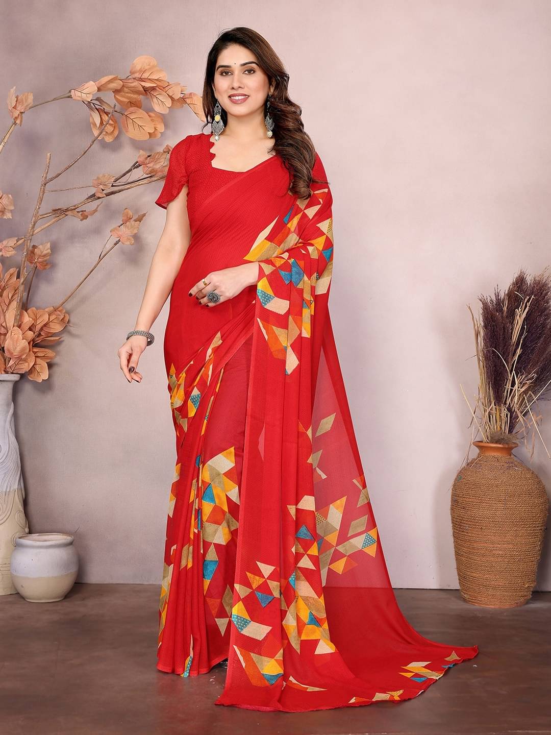     			ANAND SAREES Georgette Printed Saree With Unstitched Blouse Piece ( Red )