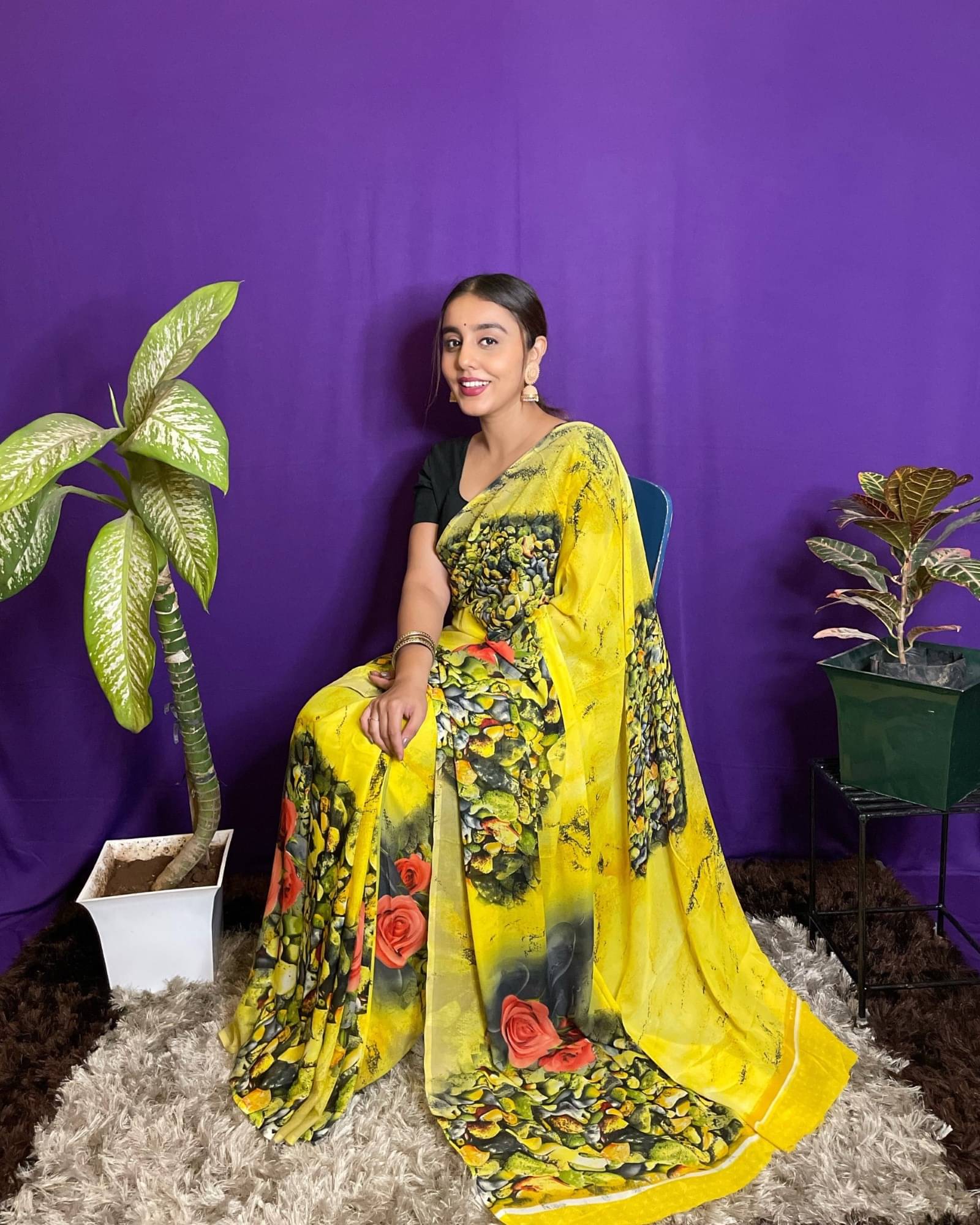    			ANAND SAREES Georgette Printed Saree With Unstitched Blouse Piece ( Yellow )