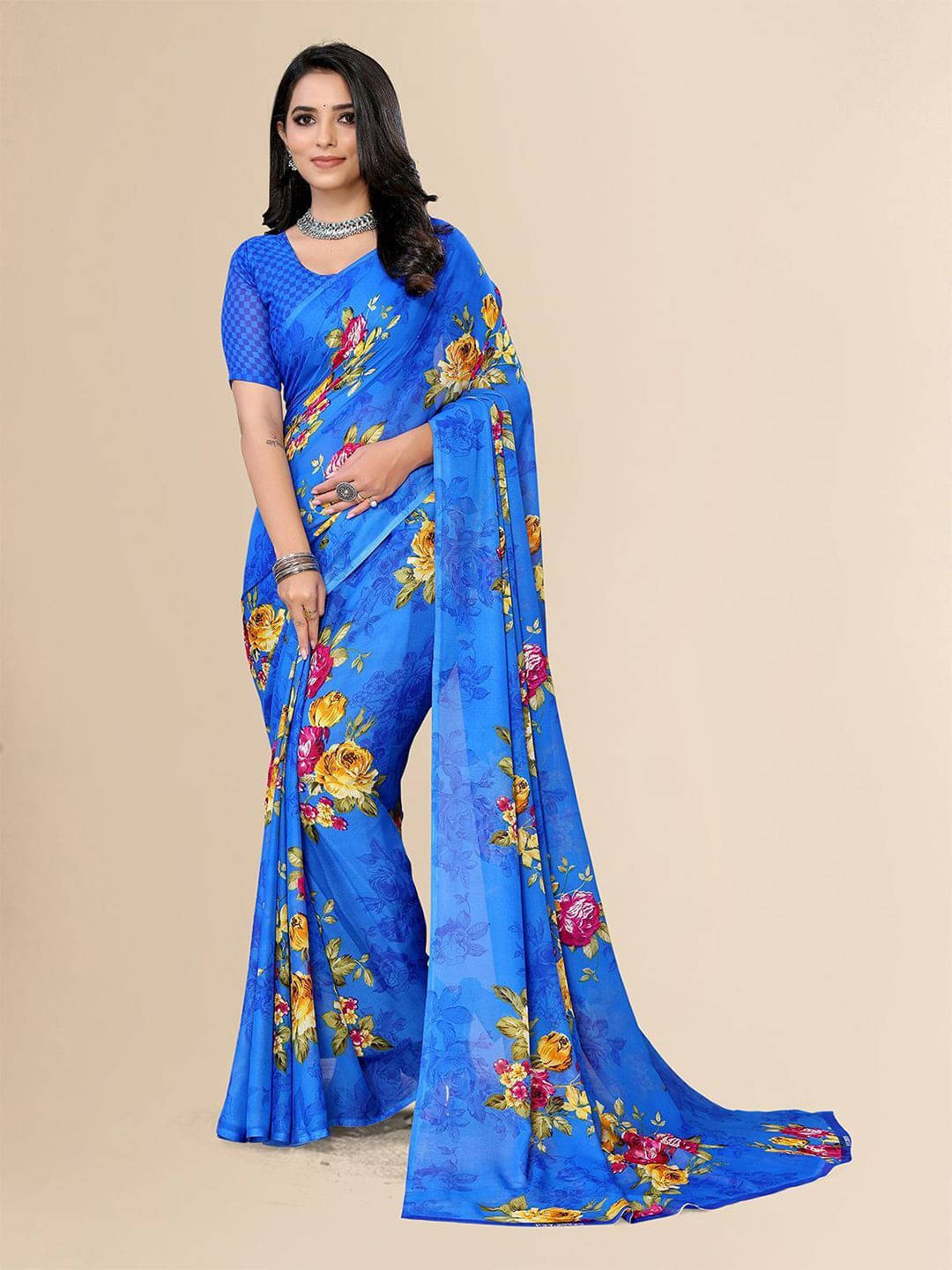     			ANAND SAREES Georgette Printed Saree With Unstitched Blouse Piece ( Blue )