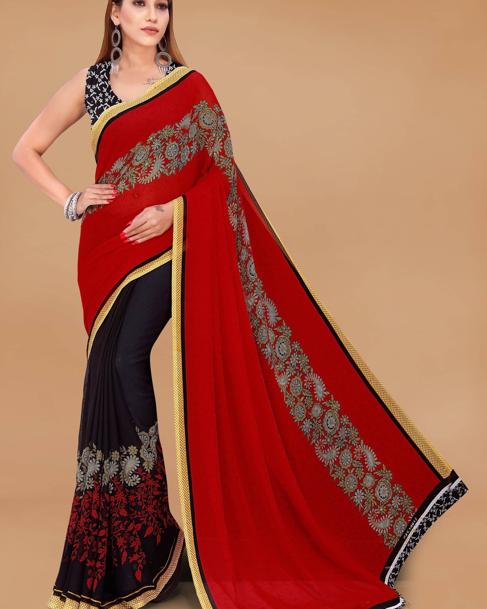 ANAND SAREES Georgette Printed Saree With Unstitched Blouse Piece ( Red ) ANAND SAREES Georgette Printed Saree With Unstitched Blouse Piece ( Red )