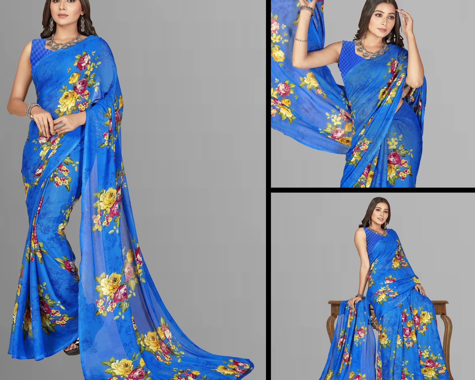 ANAND SAREES Georgette Printed Saree With Unstitched Blouse Piece ( Blue )     			ANAND SAREES Georgette Printed Saree With Unstitched Blouse Piece ( Blue )