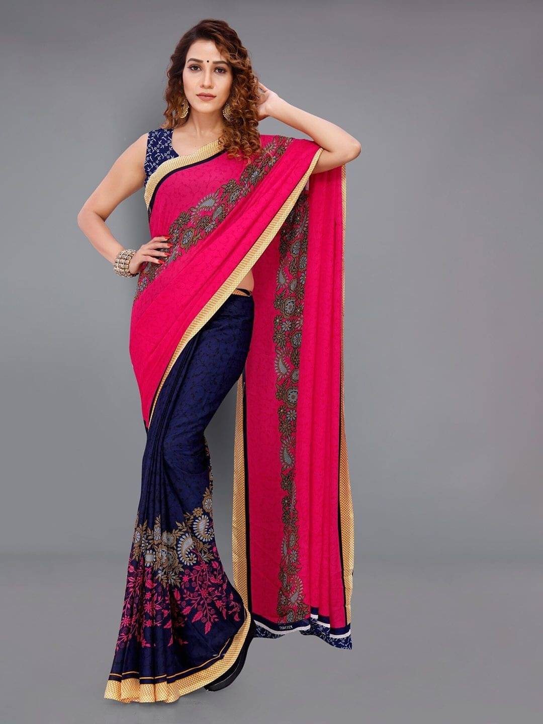 ANAND SAREES Georgette Printed Saree With Unstitched Blouse Piece ( Pink ) ANAND SAREES Georgette Printed Saree With Unstitched Blouse Piece ( Pink )