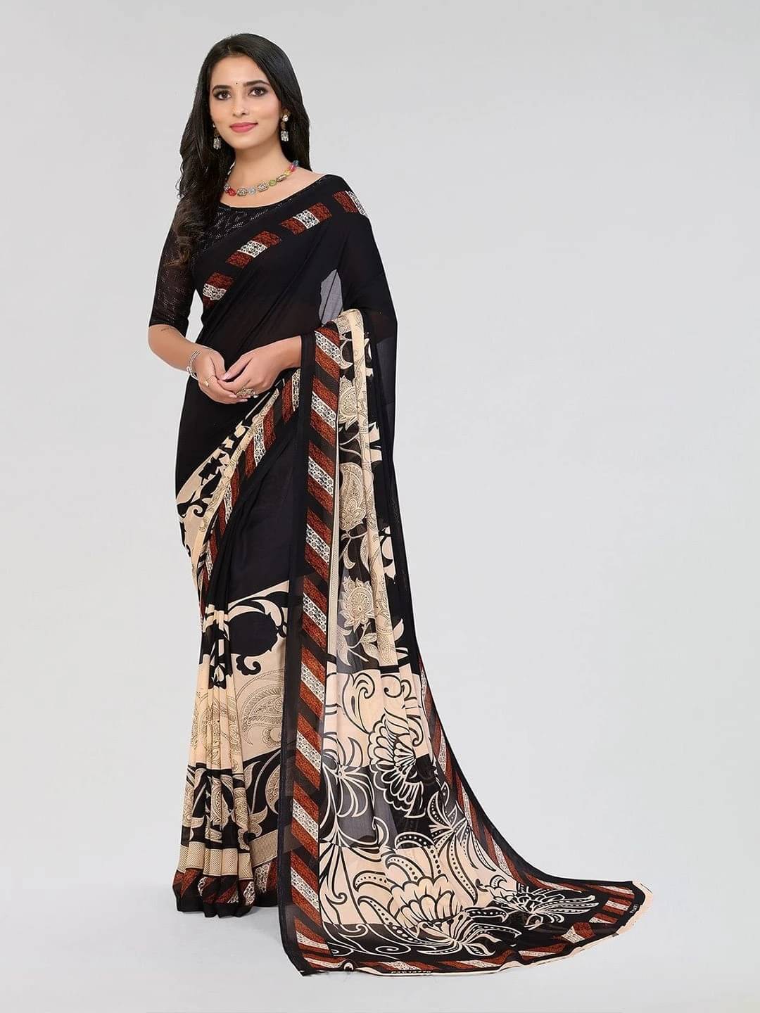     			ANAND SAREES Georgette Printed Saree With Unstitched Blouse Piece ( Black )