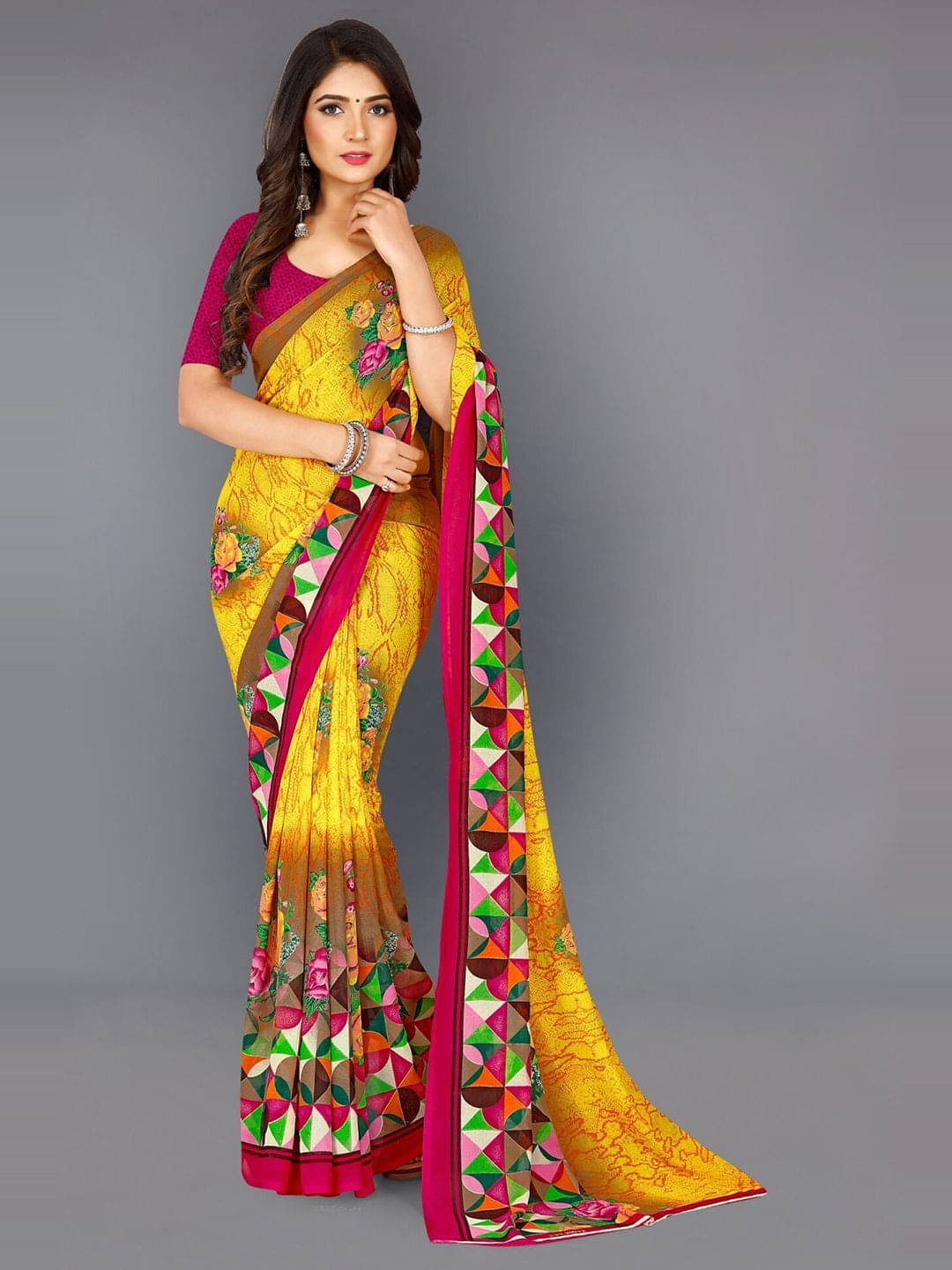ANAND SAREES Georgette Printed Saree With Unstitched Blouse Piece ( Yellow ) ANAND SAREES Georgette Printed Saree With Unstitched Blouse Piece ( Yellow )