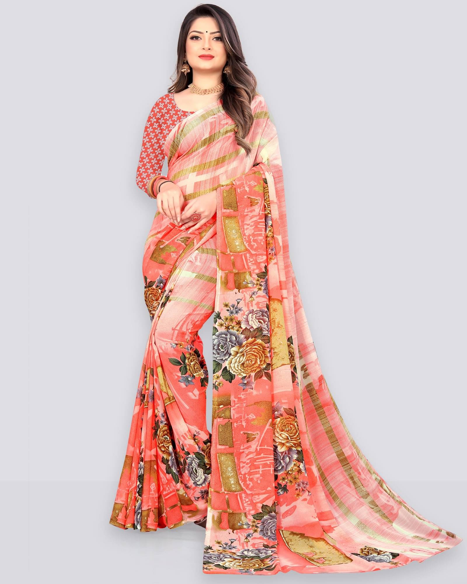 ANAND SAREES Georgette Printed Saree With Unstitched Blouse Piece ( Pink ) ANAND SAREES Georgette Printed Saree With Unstitched Blouse Piece ( Pink )