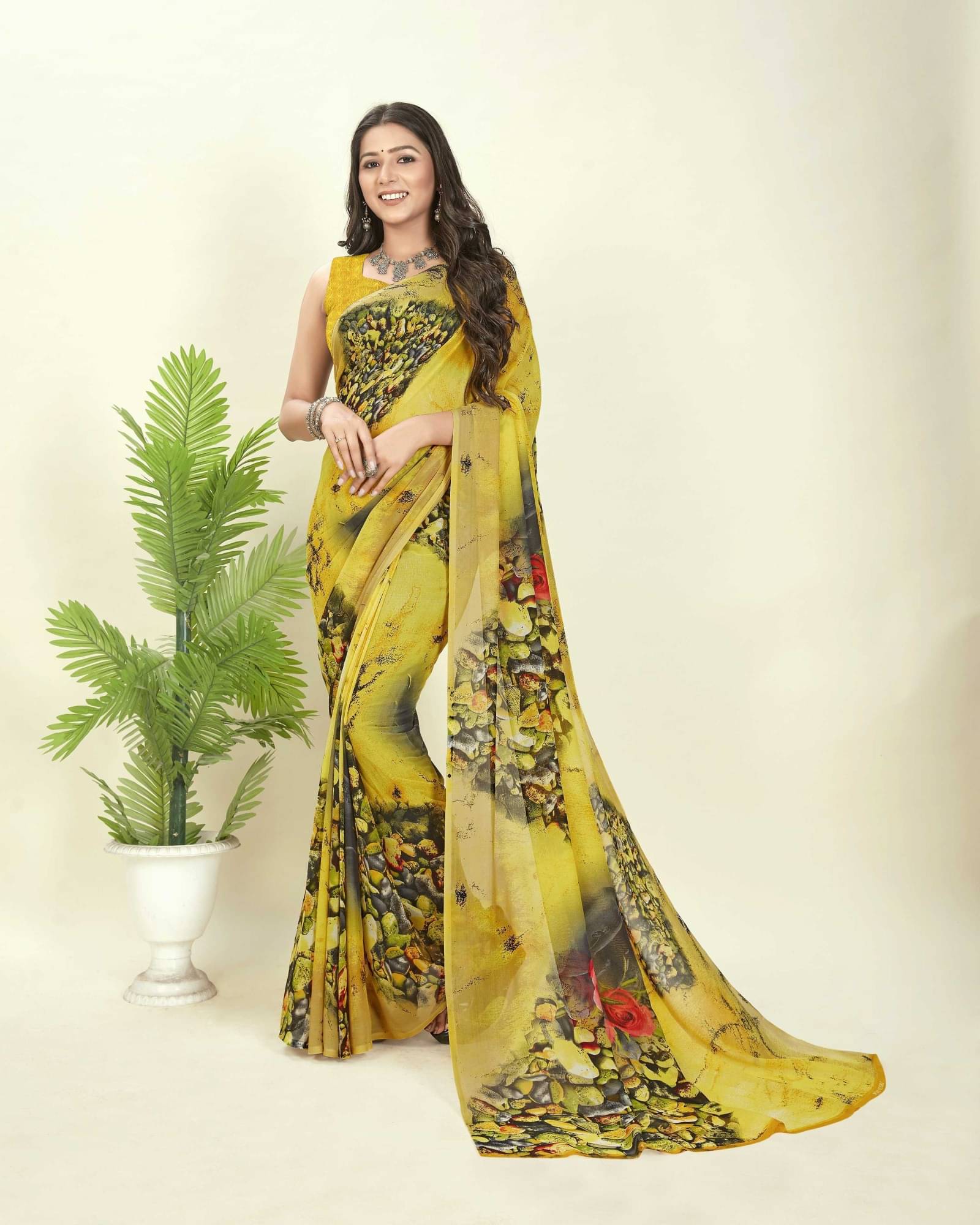     			ANAND SAREES Georgette Printed Saree With Unstitched Blouse Piece ( Yellow )