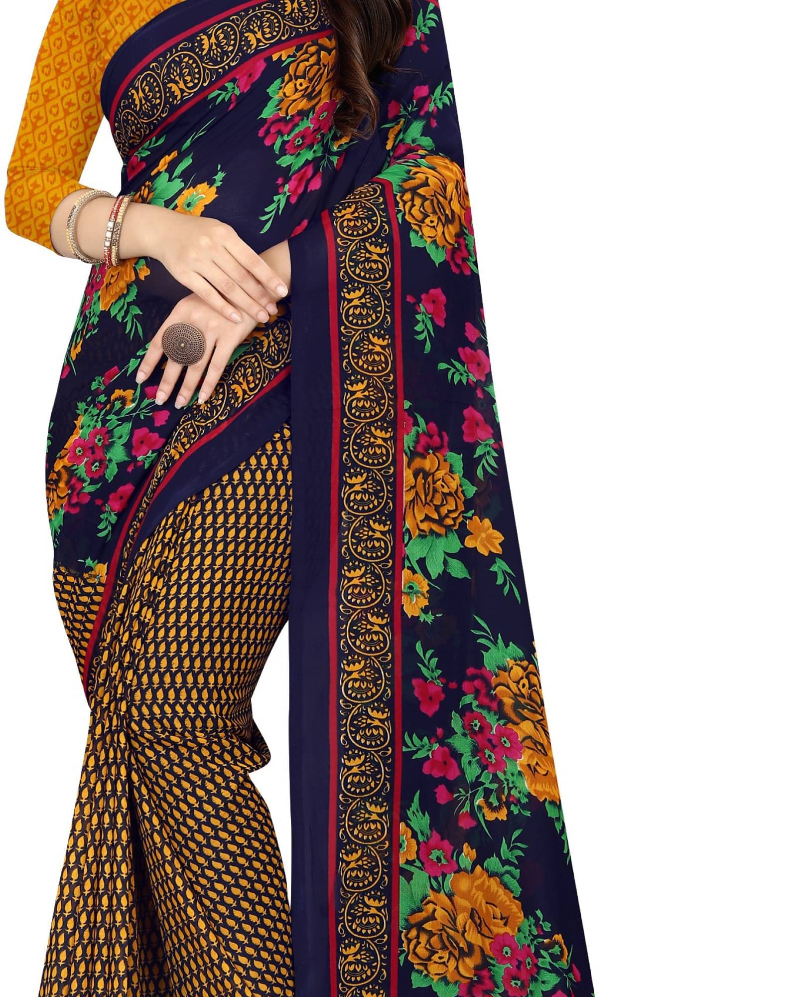 ANAND SAREES Georgette Printed Saree With Unstitched Blouse Piece ( Yellow )     			ANAND SAREES Georgette Printed Saree With Unstitched Blouse Piece ( Yellow )