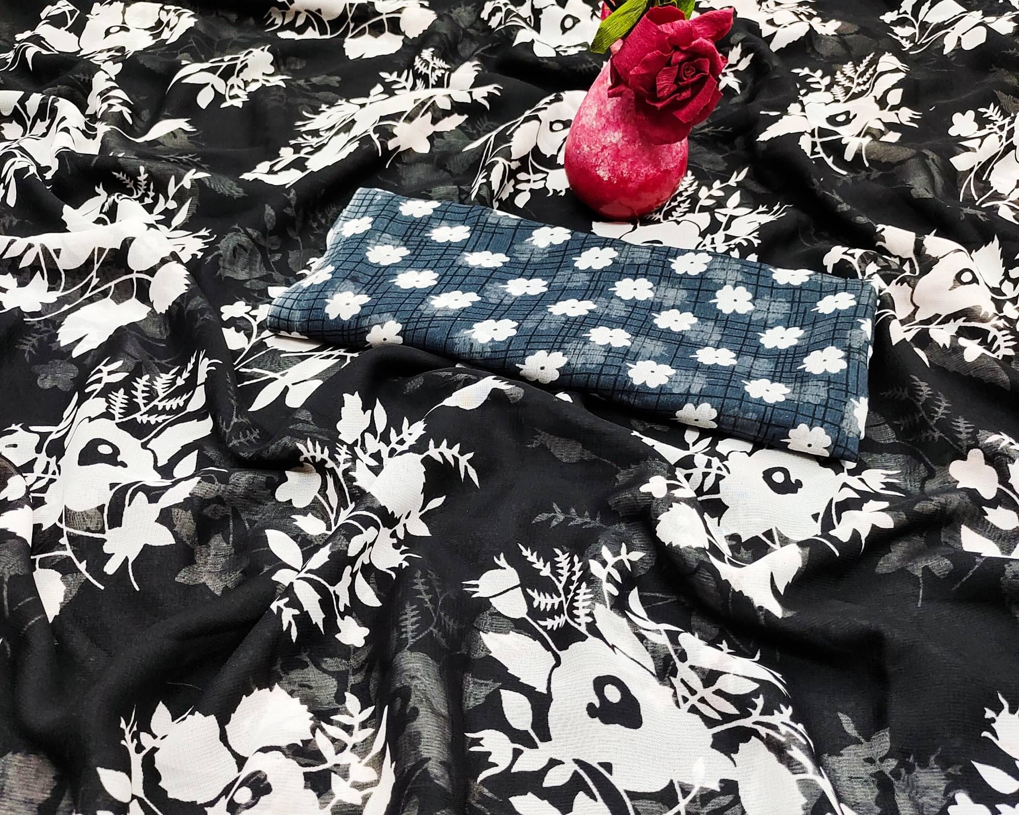 ANAND SAREES Georgette Printed Saree With Unstitched Blouse Piece ( Black ) ANAND SAREES Georgette Printed Saree With Unstitched Blouse Piece ( Black )
