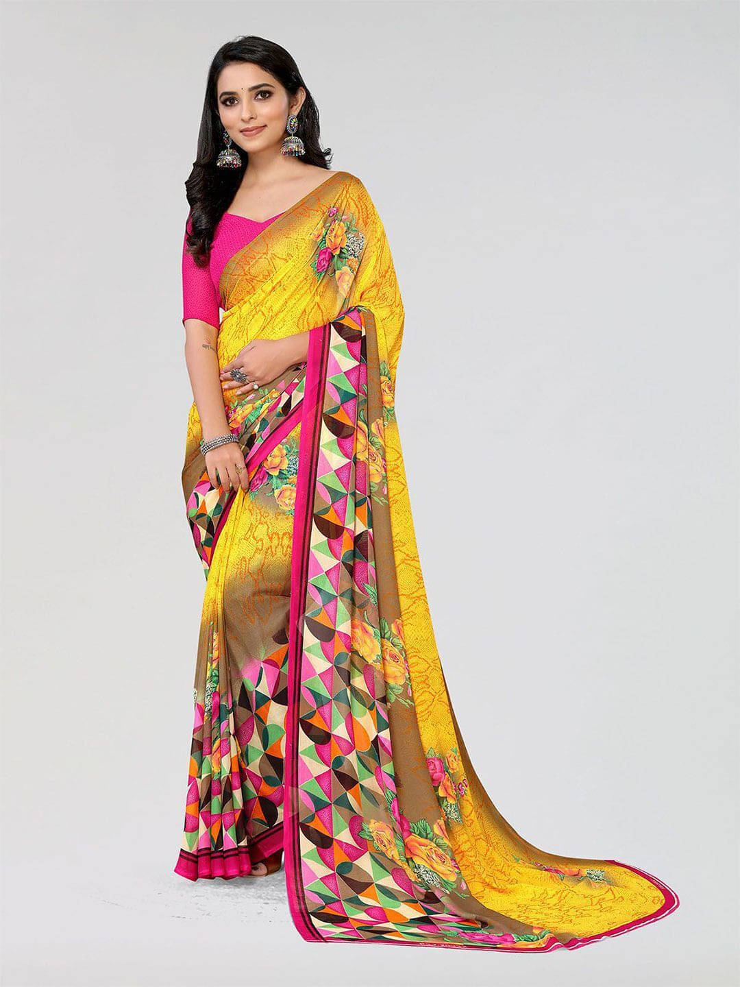 ANAND SAREES Georgette Printed Saree With Unstitched Blouse Piece ( Yellow ) ANAND SAREES Georgette Printed Saree With Unstitched Blouse Piece ( Yellow )