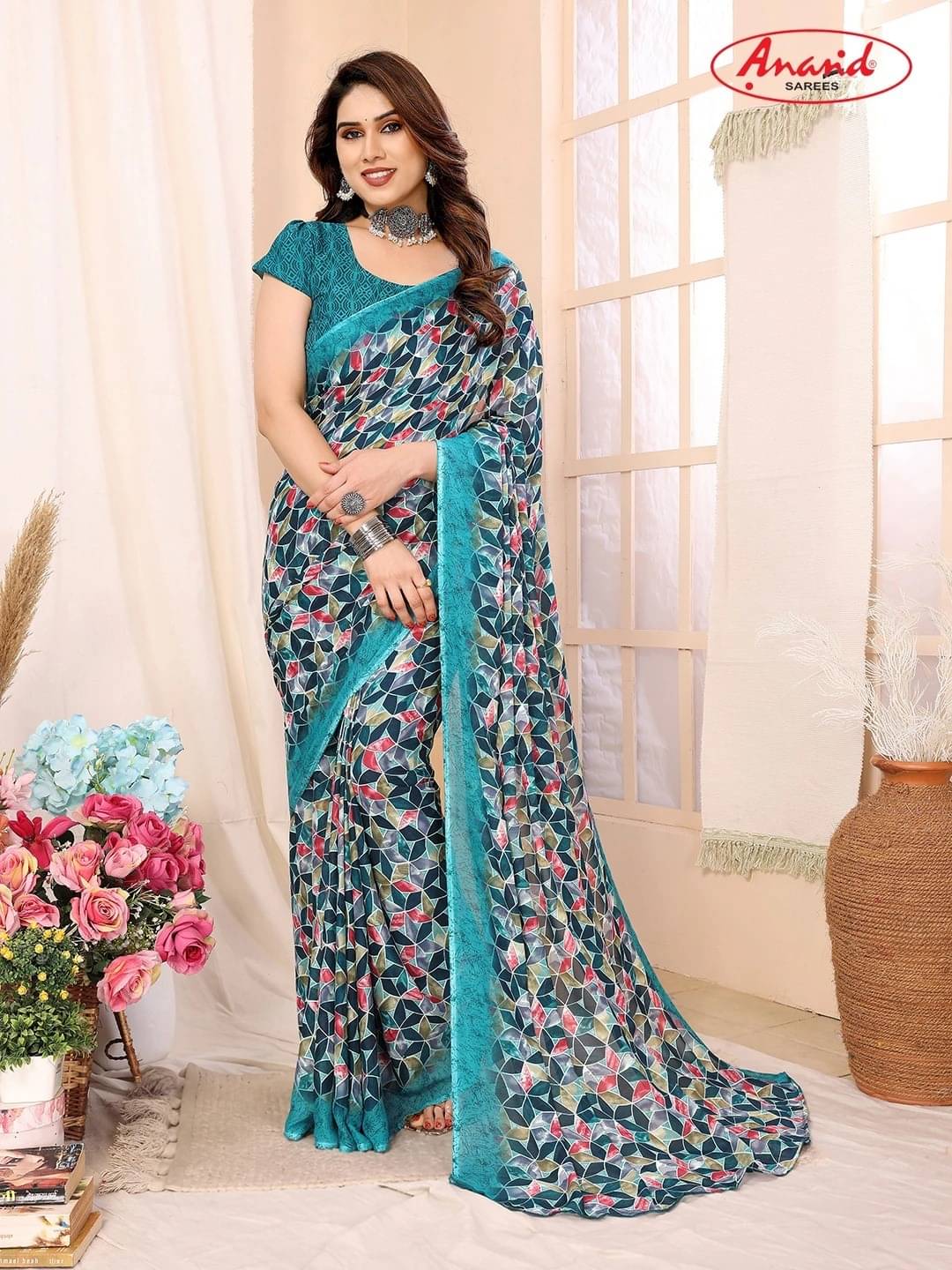 ANAND SAREES Georgette Printed Saree With Unstitched Blouse Piece ( Light Blue ) ANAND SAREES Georgette Printed Saree With Unstitched Blouse Piece ( Light Blue )