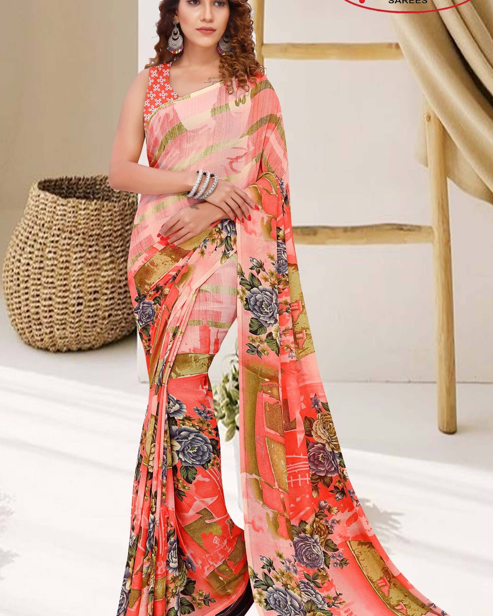     			ANAND SAREES Georgette Printed Saree With Unstitched Blouse Piece ( Orange )