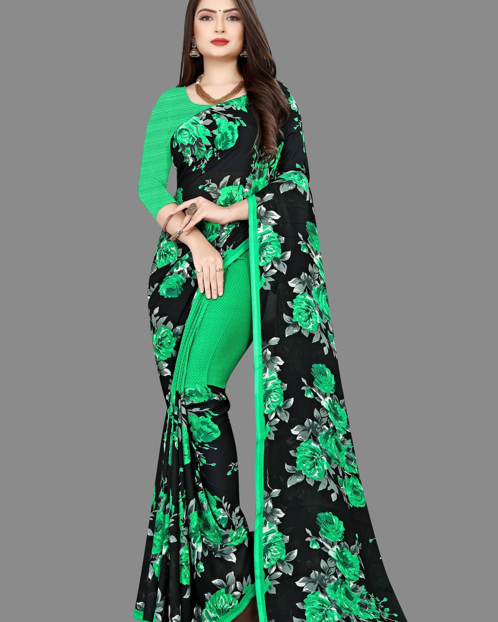     			ANAND SAREES Georgette Printed Saree With Unstitched Blouse Piece ( Green )