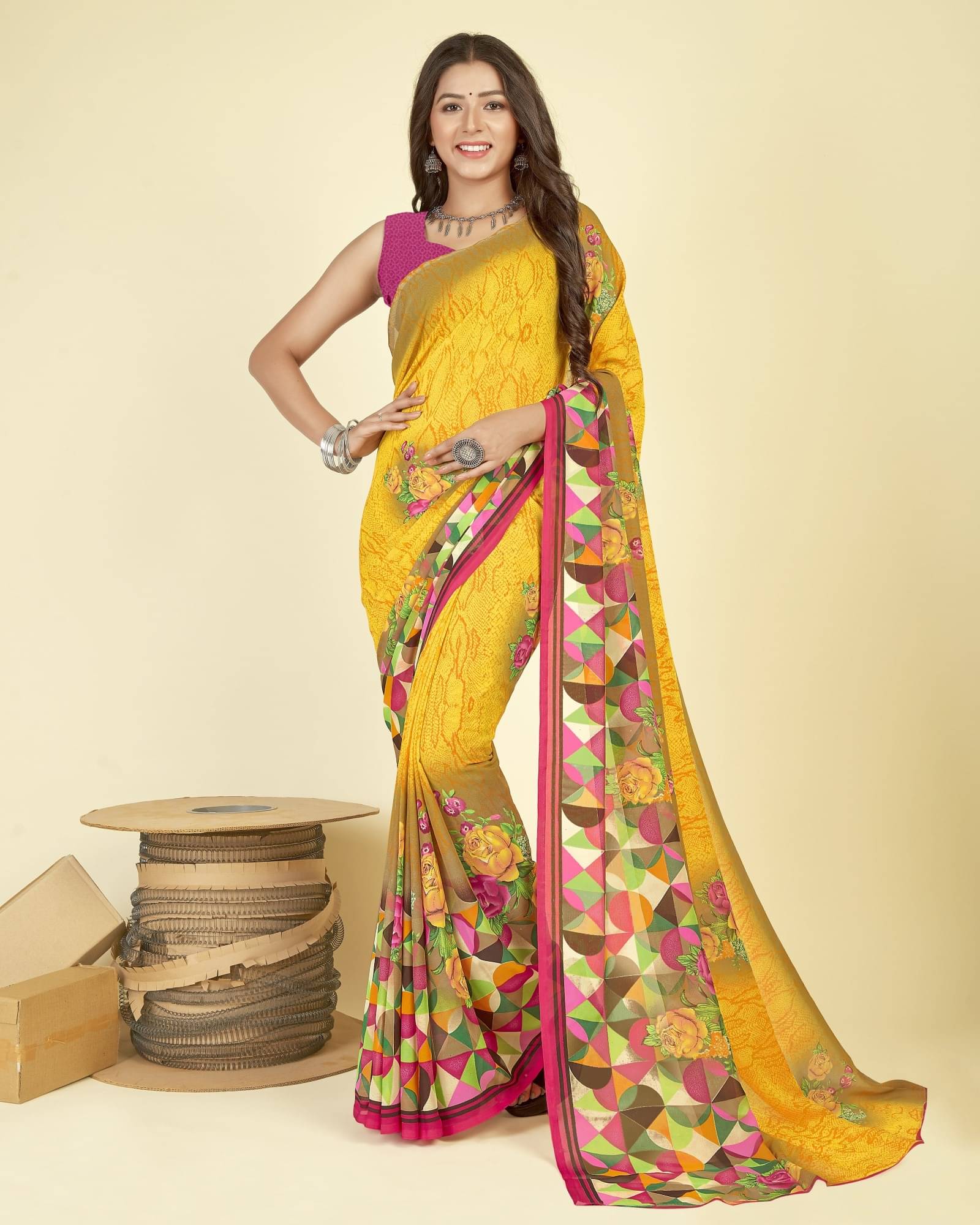     			ANAND SAREES Georgette Printed Saree With Unstitched Blouse Piece ( Yellow )