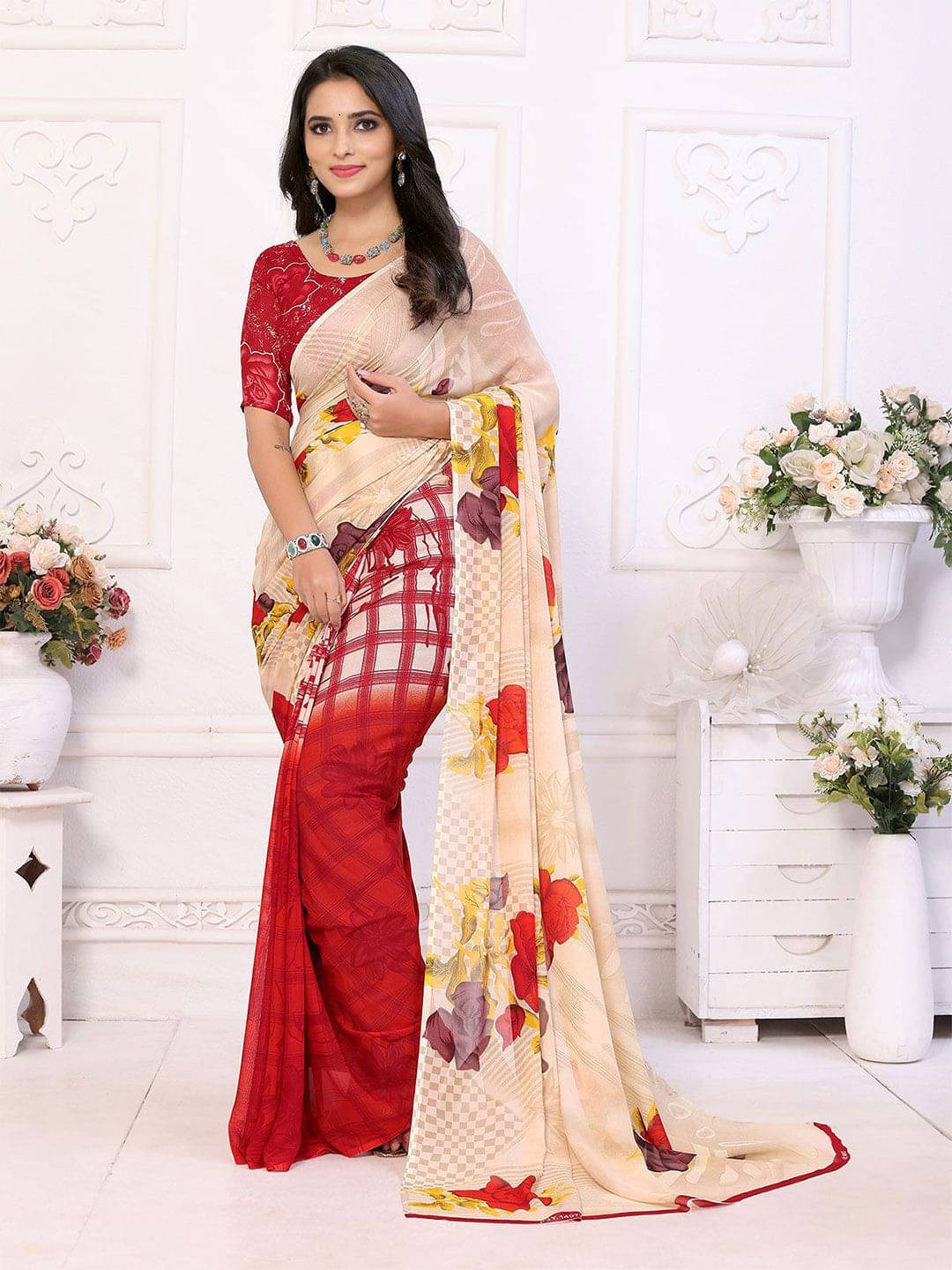     			ANAND SAREES Georgette Printed Saree With Unstitched Blouse Piece ( Red )