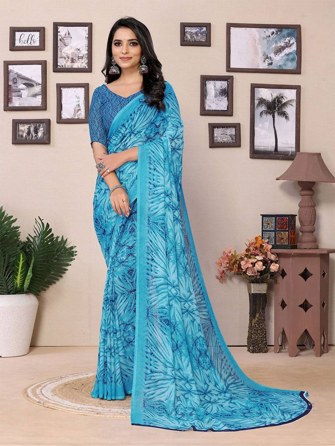 ANAND SAREES Georgette Printed Saree With Unstitched Blouse Piece ( Blue ) ANAND SAREES Georgette Printed Saree With Unstitched Blouse Piece ( Blue )