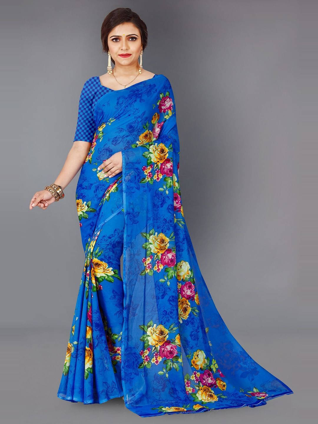     			ANAND SAREES Georgette Printed Saree With Unstitched Blouse Piece ( Blue )