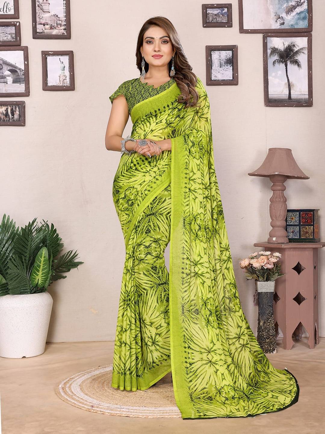 ANAND SAREES Georgette Printed Saree With Unstitched Blouse Piece ( Green ) ANAND SAREES Georgette Printed Saree With Unstitched Blouse Piece ( Green )