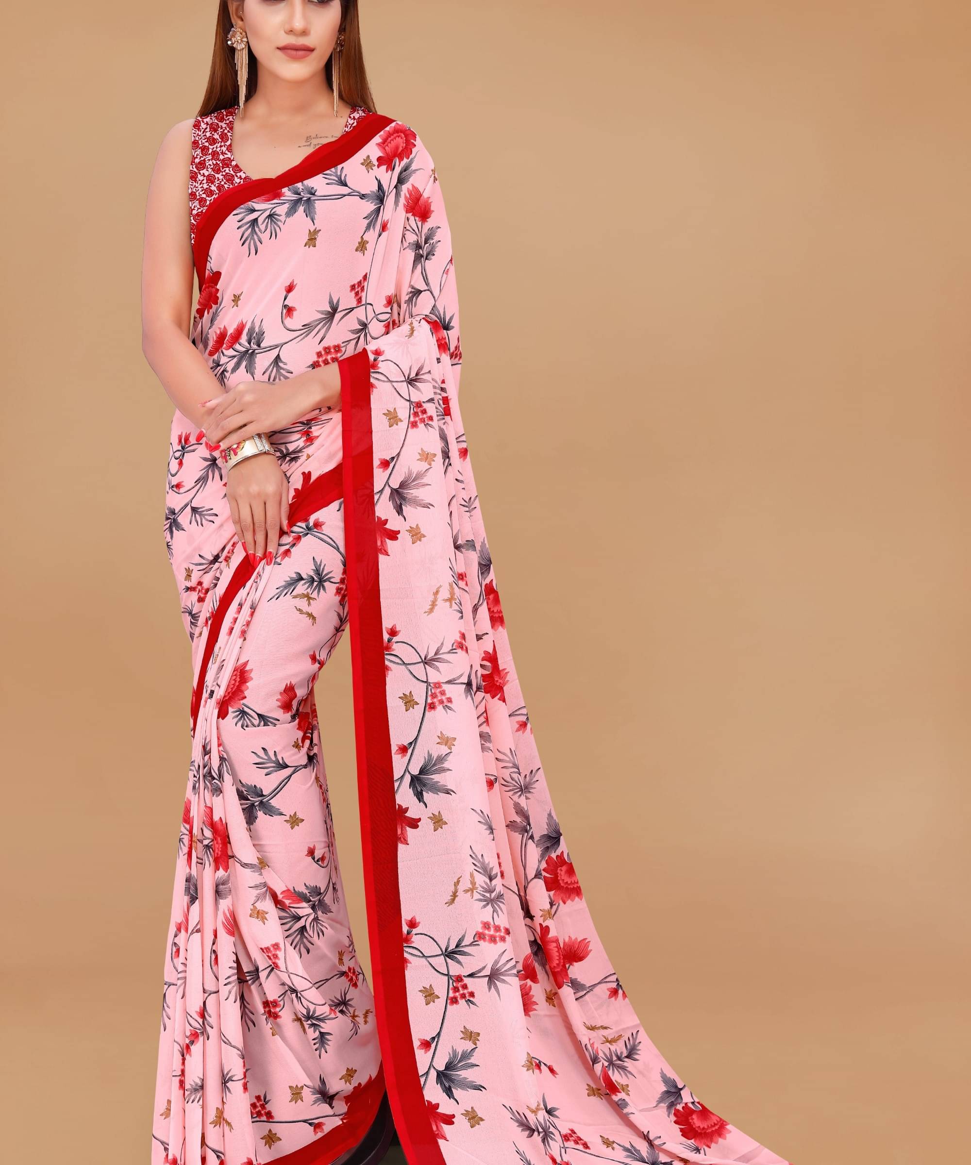 ANAND SAREES Georgette Printed Saree With Unstitched Blouse Piece ( Pink ) ANAND SAREES Georgette Printed Saree With Unstitched Blouse Piece ( Pink )
