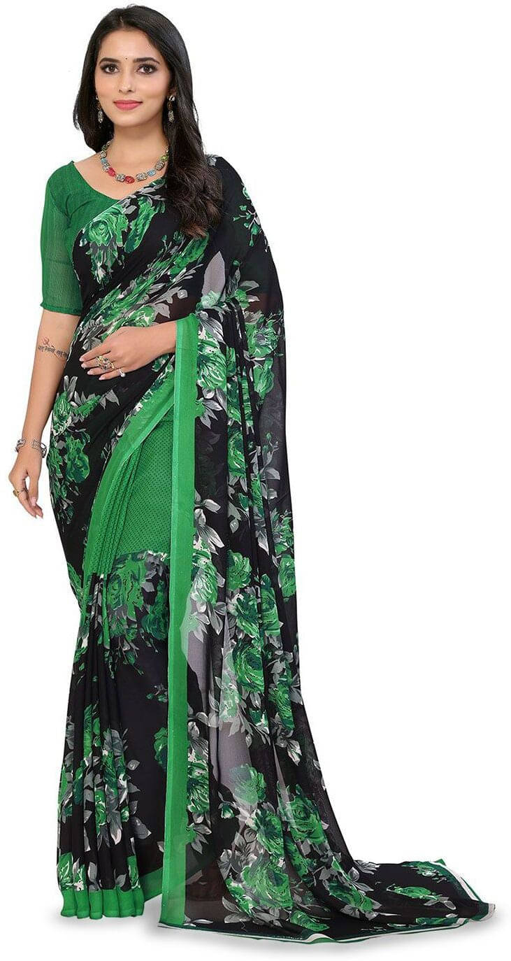 ANAND SAREES Georgette Printed Saree With Unstitched Blouse Piece ( Green )     			ANAND SAREES Georgette Printed Saree With Unstitched Blouse Piece ( Green )