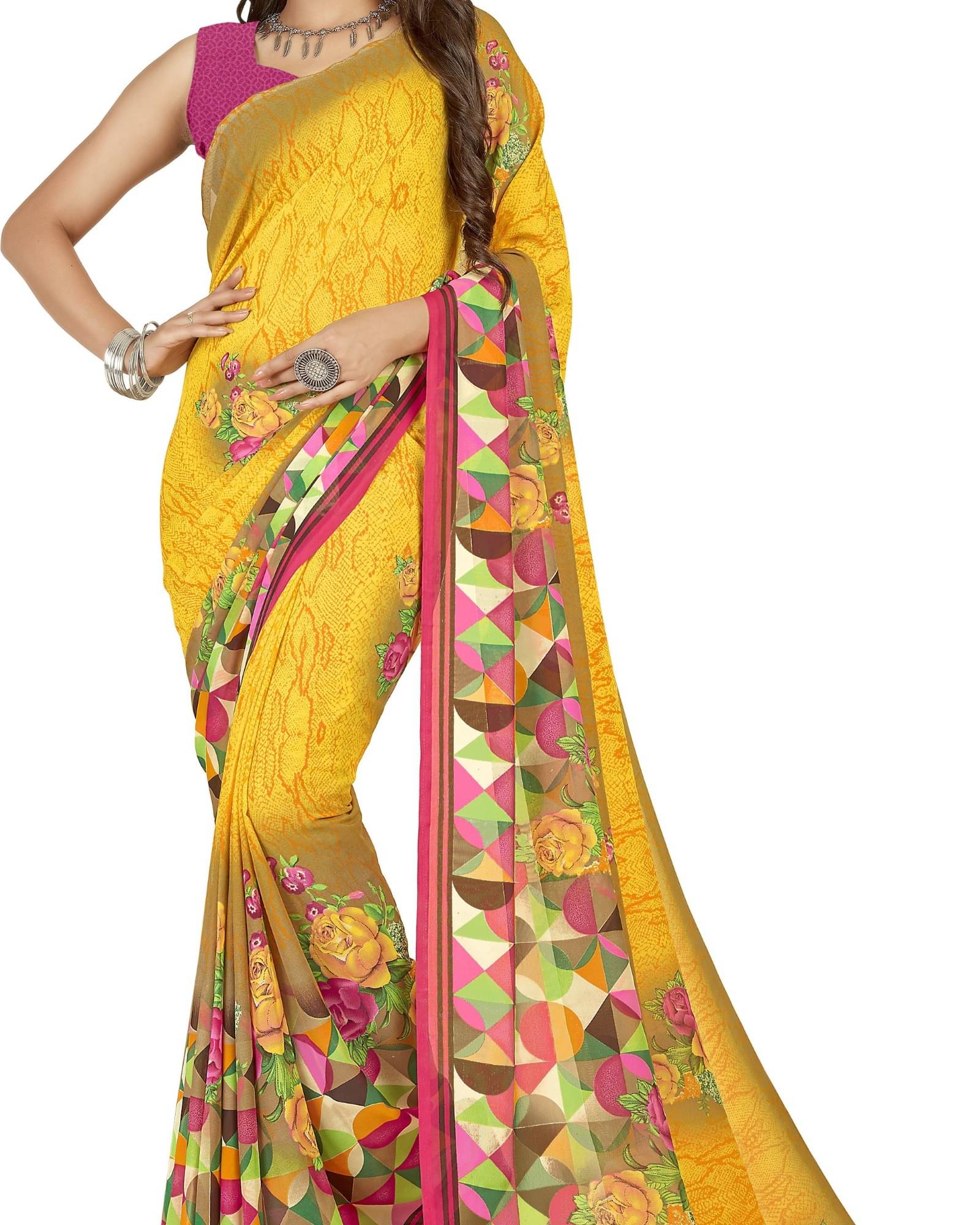     			ANAND SAREES Georgette Printed Saree With Unstitched Blouse Piece ( Yellow )