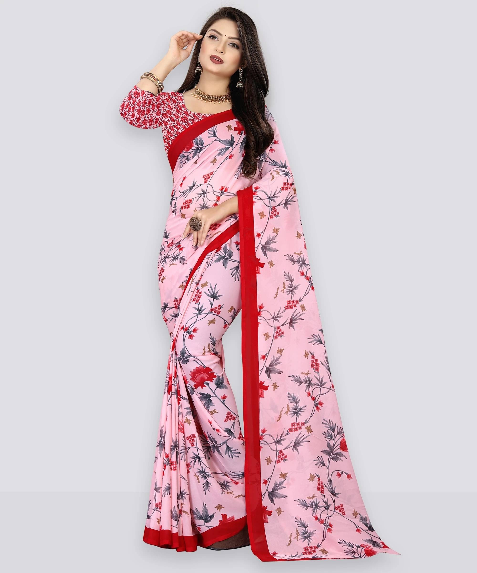 ANAND SAREES Georgette Printed Saree With Unstitched Blouse Piece ( Pink ) ANAND SAREES Georgette Printed Saree With Unstitched Blouse Piece ( Pink )