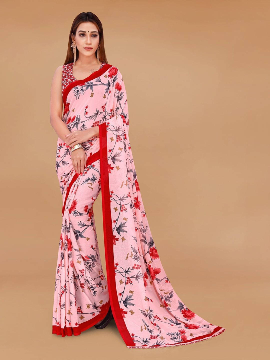 ANAND SAREES Georgette Printed Saree With Unstitched Blouse Piece ( Pink ) ANAND SAREES Georgette Printed Saree With Unstitched Blouse Piece ( Pink )
