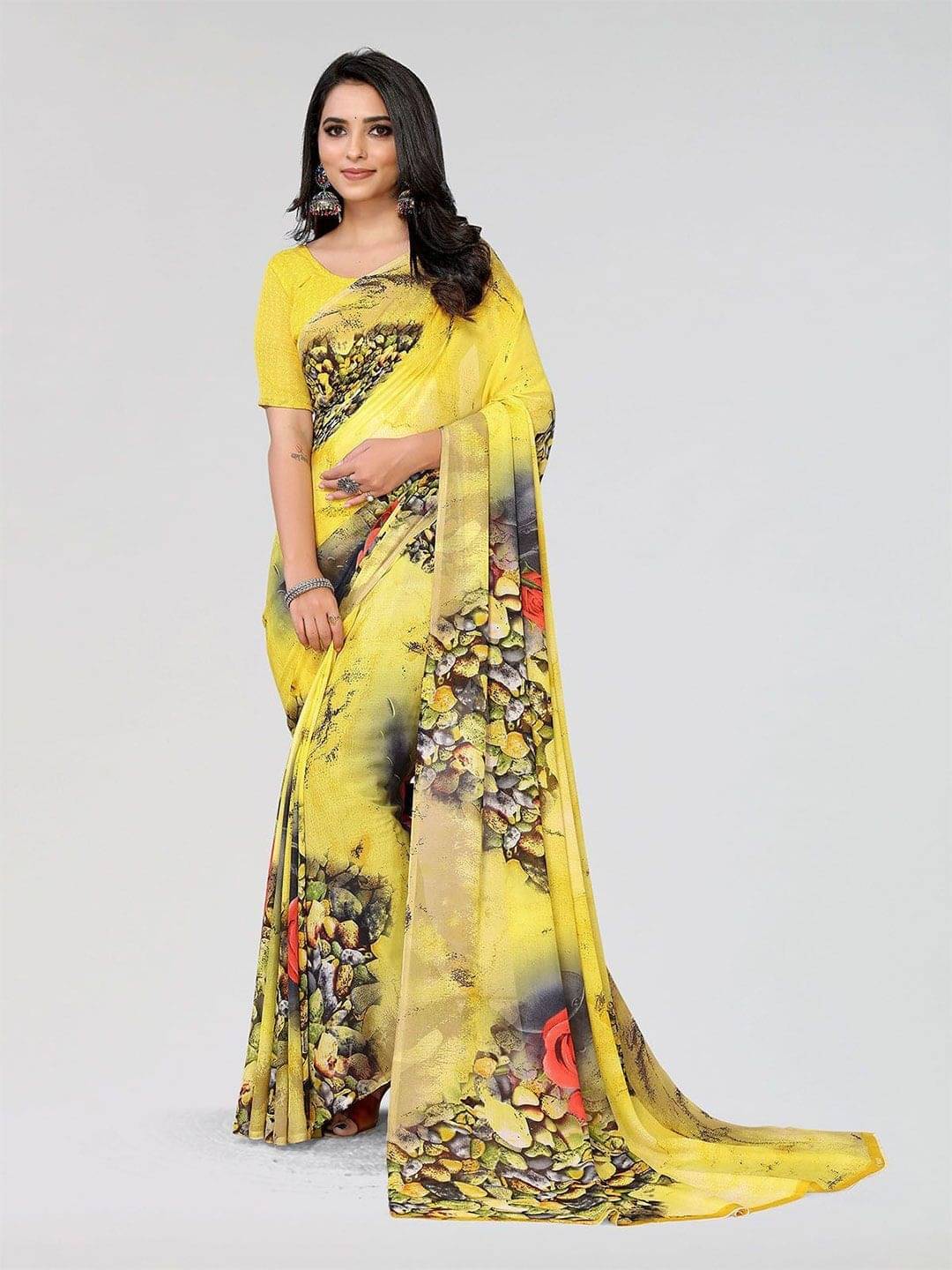     			ANAND SAREES Georgette Printed Saree With Unstitched Blouse Piece ( Yellow )