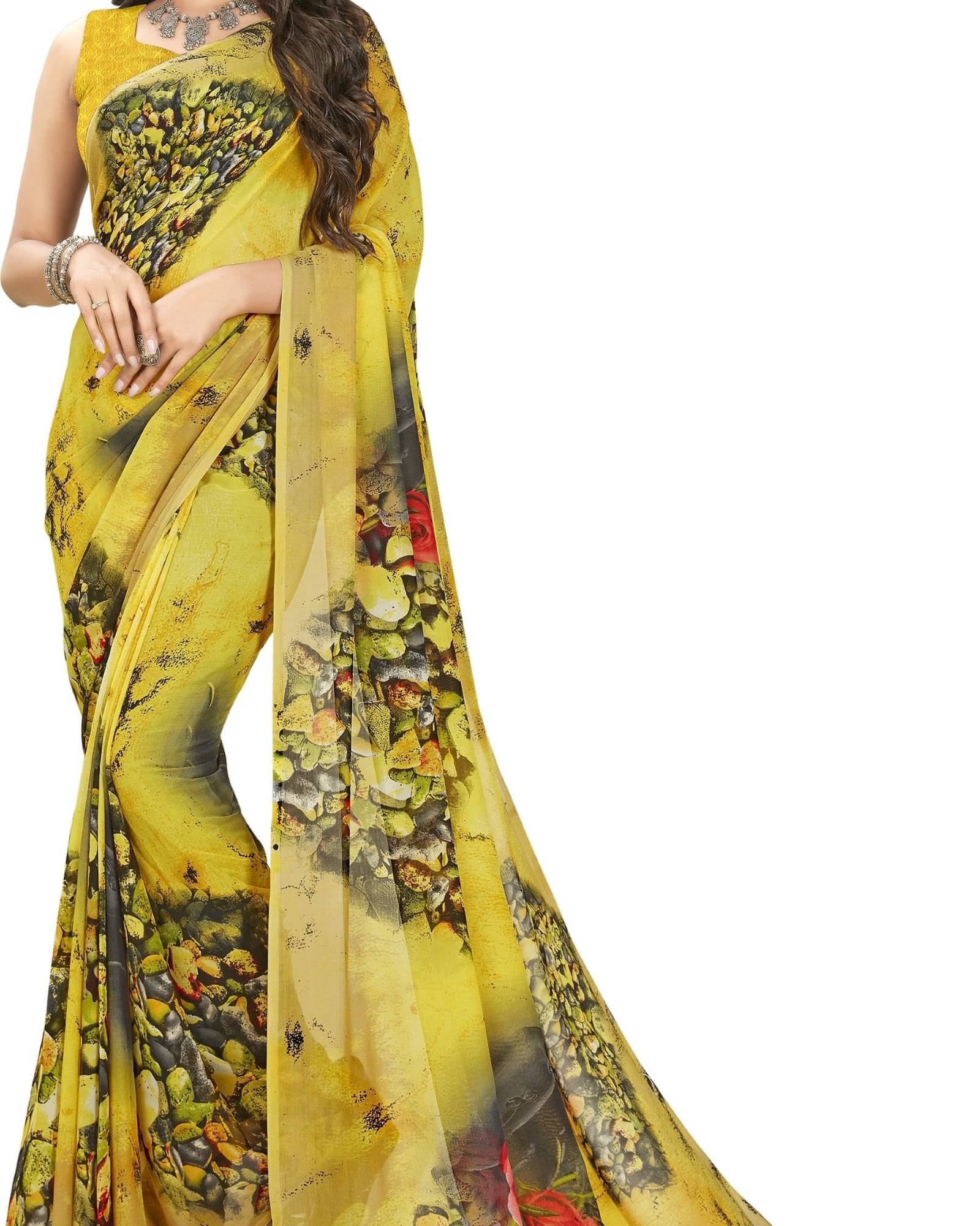     			ANAND SAREES Georgette Printed Saree With Unstitched Blouse Piece ( Yellow )