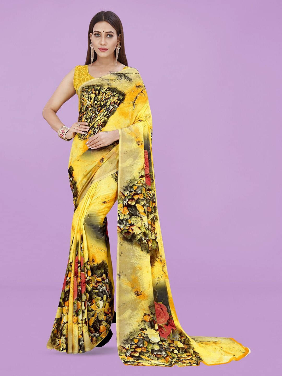 ANAND SAREES Georgette Printed Saree With Unstitched Blouse Piece ( Yellow ) ANAND SAREES Georgette Printed Saree With Unstitched Blouse Piece ( Yellow )