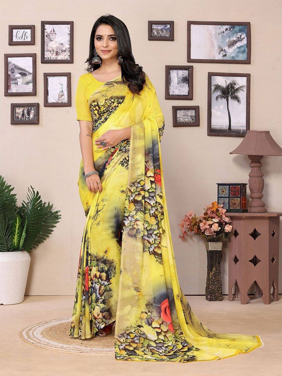     			ANAND SAREES Georgette Printed Saree With Unstitched Blouse Piece ( Yellow )