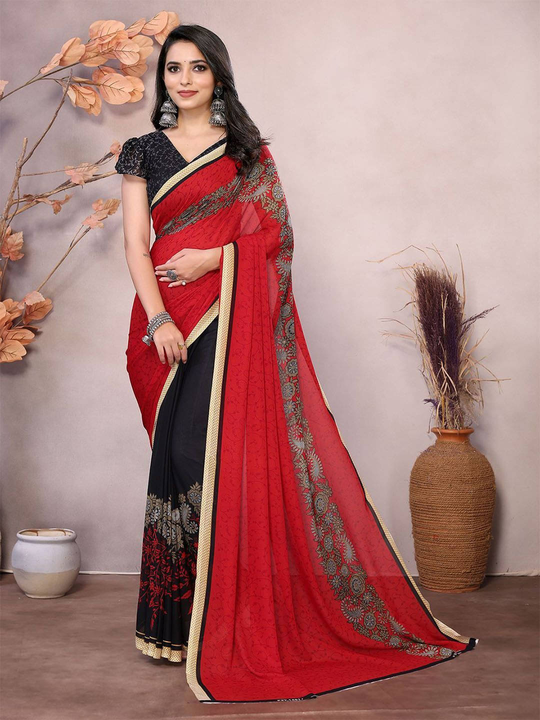 ANAND SAREES Georgette Printed Saree With Unstitched Blouse Piece ( Red ) ANAND SAREES Georgette Printed Saree With Unstitched Blouse Piece ( Red )