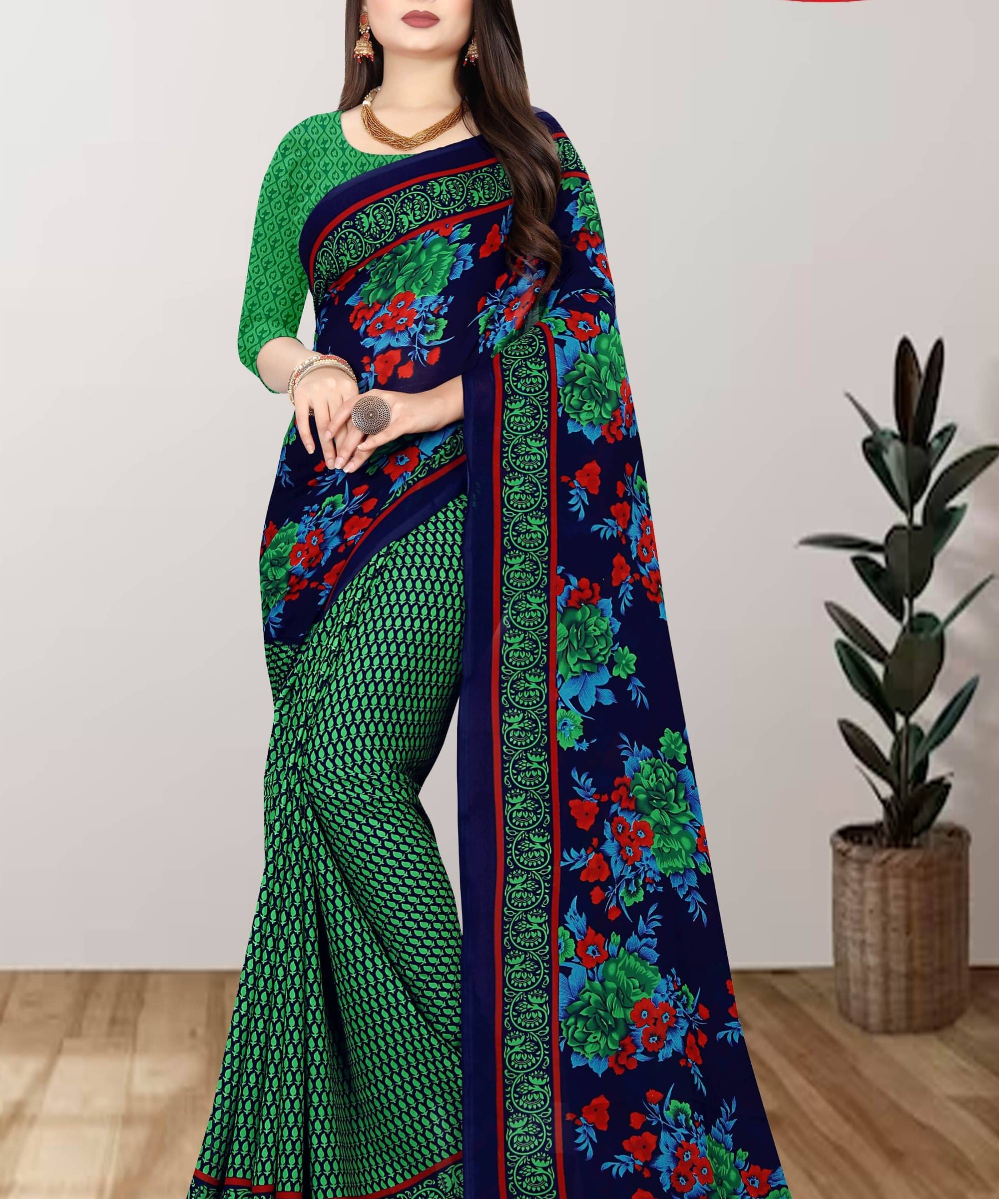     			ANAND SAREES Georgette Printed Saree With Unstitched Blouse Piece ( Green )