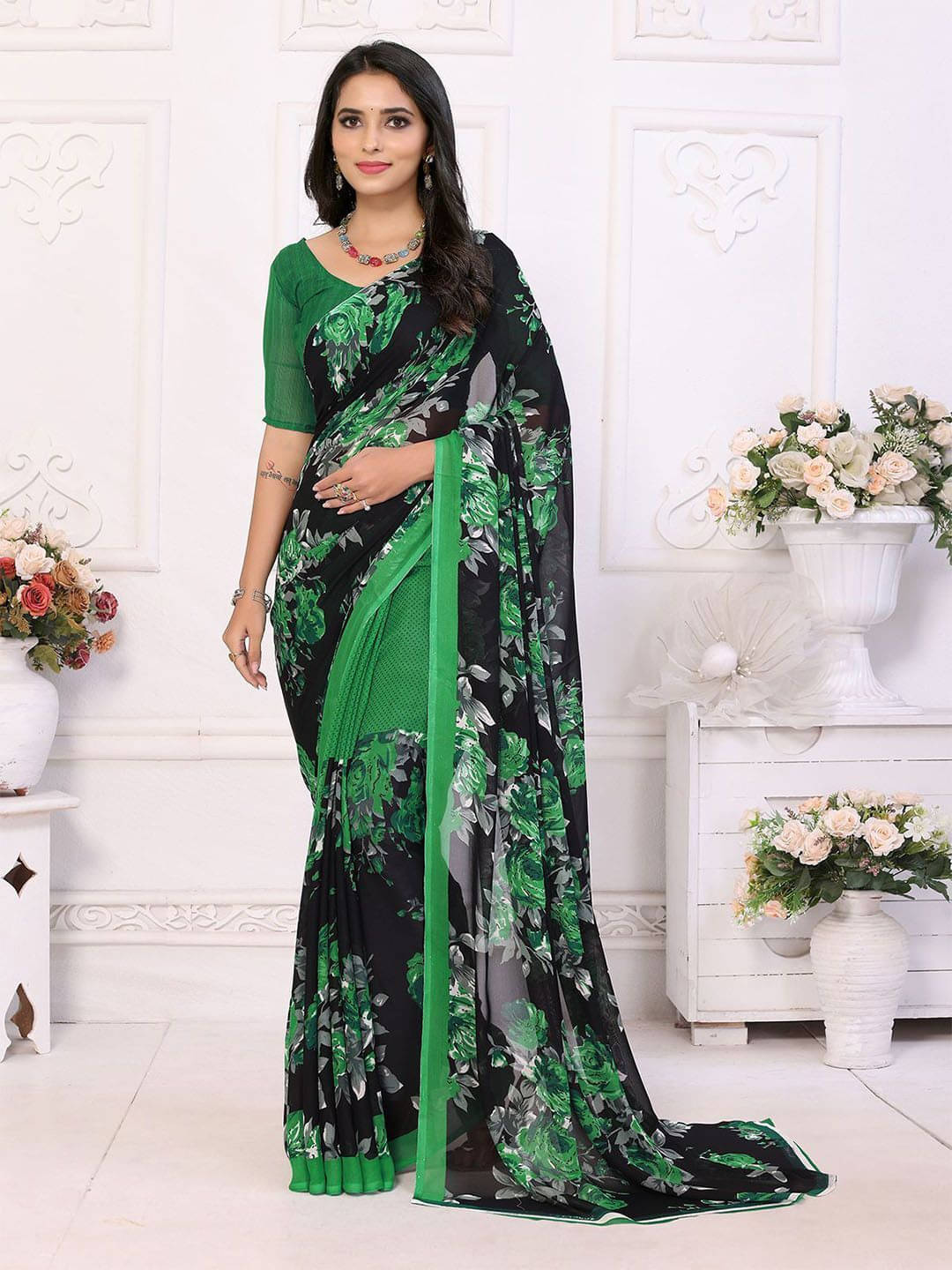     			ANAND SAREES Georgette Printed Saree With Unstitched Blouse Piece ( Green )