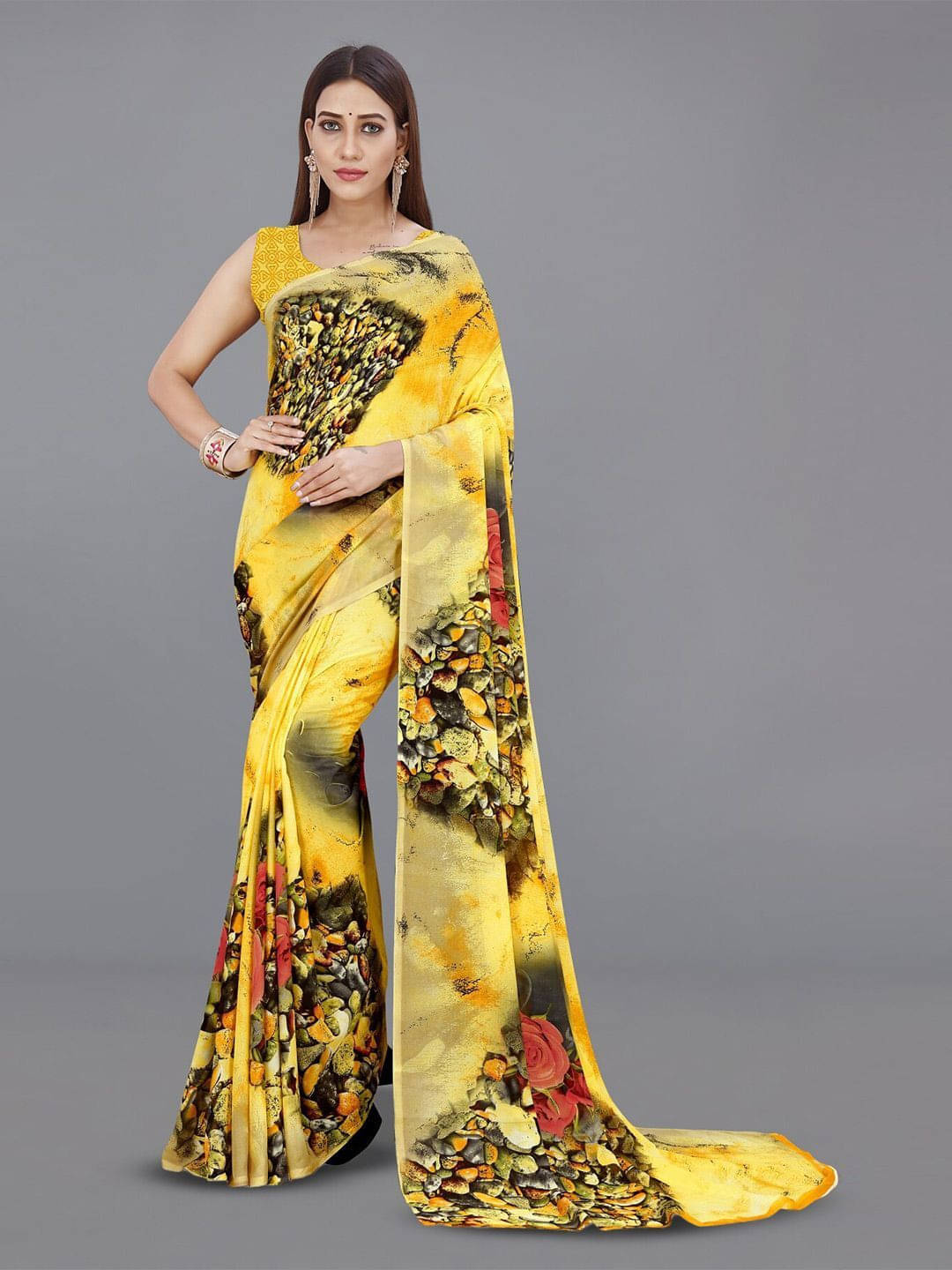 ANAND SAREES Georgette Printed Saree With Unstitched Blouse Piece ( Yellow ) ANAND SAREES Georgette Printed Saree With Unstitched Blouse Piece ( Yellow )