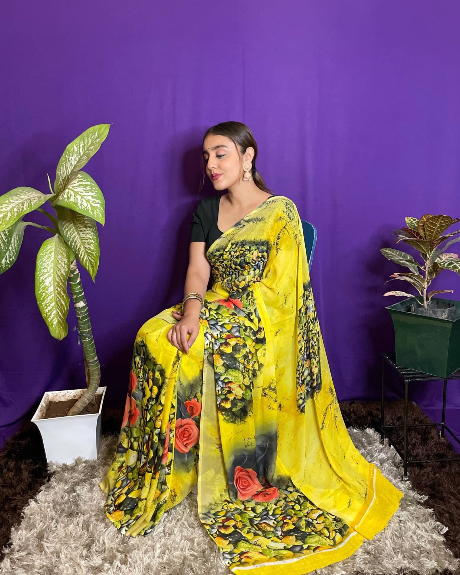 ANAND SAREES Georgette Printed Saree With Unstitched Blouse Piece ( Yellow ) ANAND SAREES Georgette Printed Saree With Unstitched Blouse Piece ( Yellow )