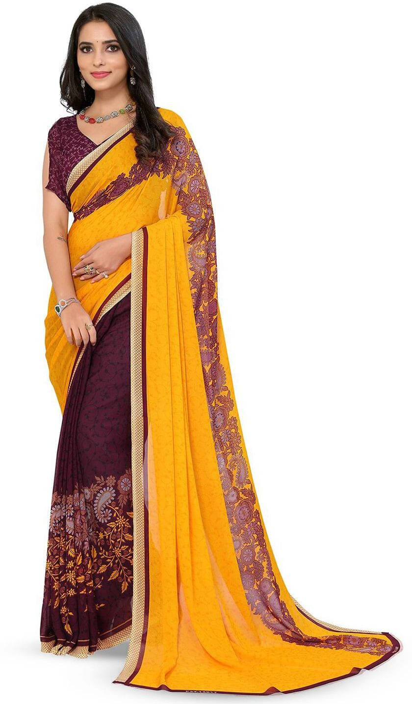 ANAND SAREES Georgette Printed Saree With Unstitched Blouse Piece ( Yellow ) ANAND SAREES Georgette Printed Saree With Unstitched Blouse Piece ( Yellow )