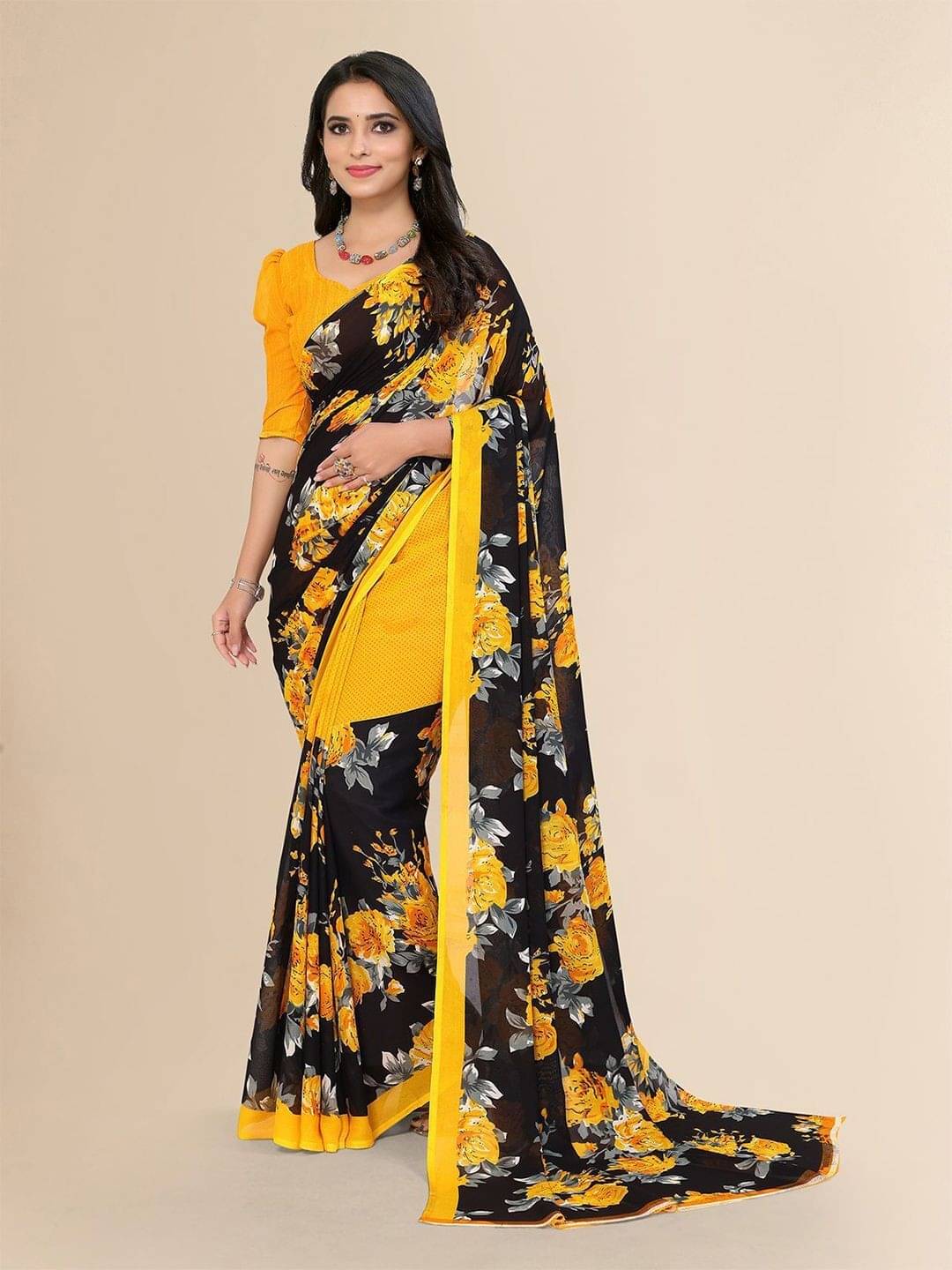     			ANAND SAREES Georgette Printed Saree With Unstitched Blouse Piece ( Yellow )