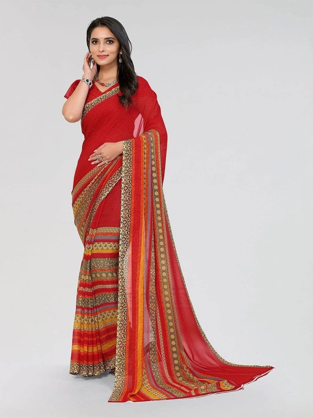 ANAND SAREES Georgette Printed Saree With Unstitched Blouse Piece ( Red ) ANAND SAREES Georgette Printed Saree With Unstitched Blouse Piece ( Red )