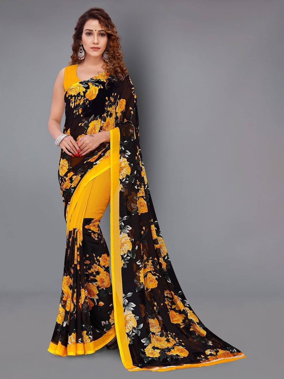 ANAND SAREES Georgette Printed Saree With Unstitched Blouse Piece ( Black ) ANAND SAREES Georgette Printed Saree With Unstitched Blouse Piece ( Black )