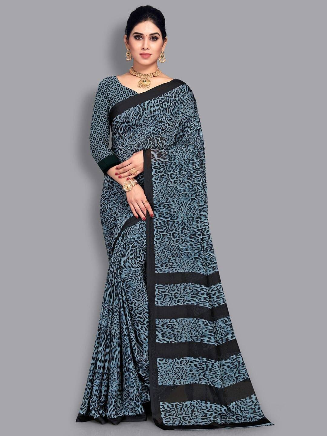 ANAND SAREES Georgette Printed Saree With Unstitched Blouse Piece ( Blue ) ANAND SAREES Georgette Printed Saree With Unstitched Blouse Piece ( Blue )